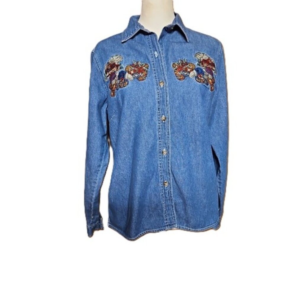 Cabin Creek Vintage Embroidered Floral Denim Shirt – Size Petite Medium