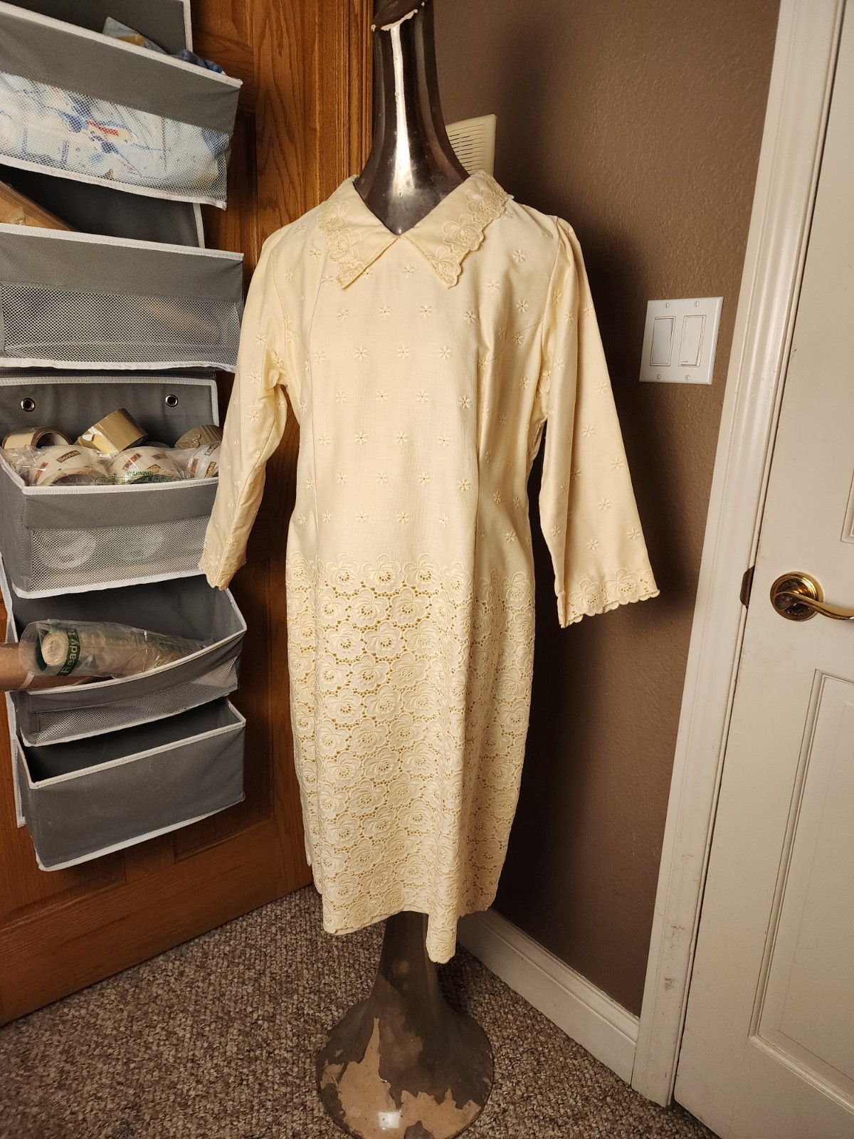 Vintage Ivory Floral Embroidered Dress Cottagecore Prairie Large BOHO