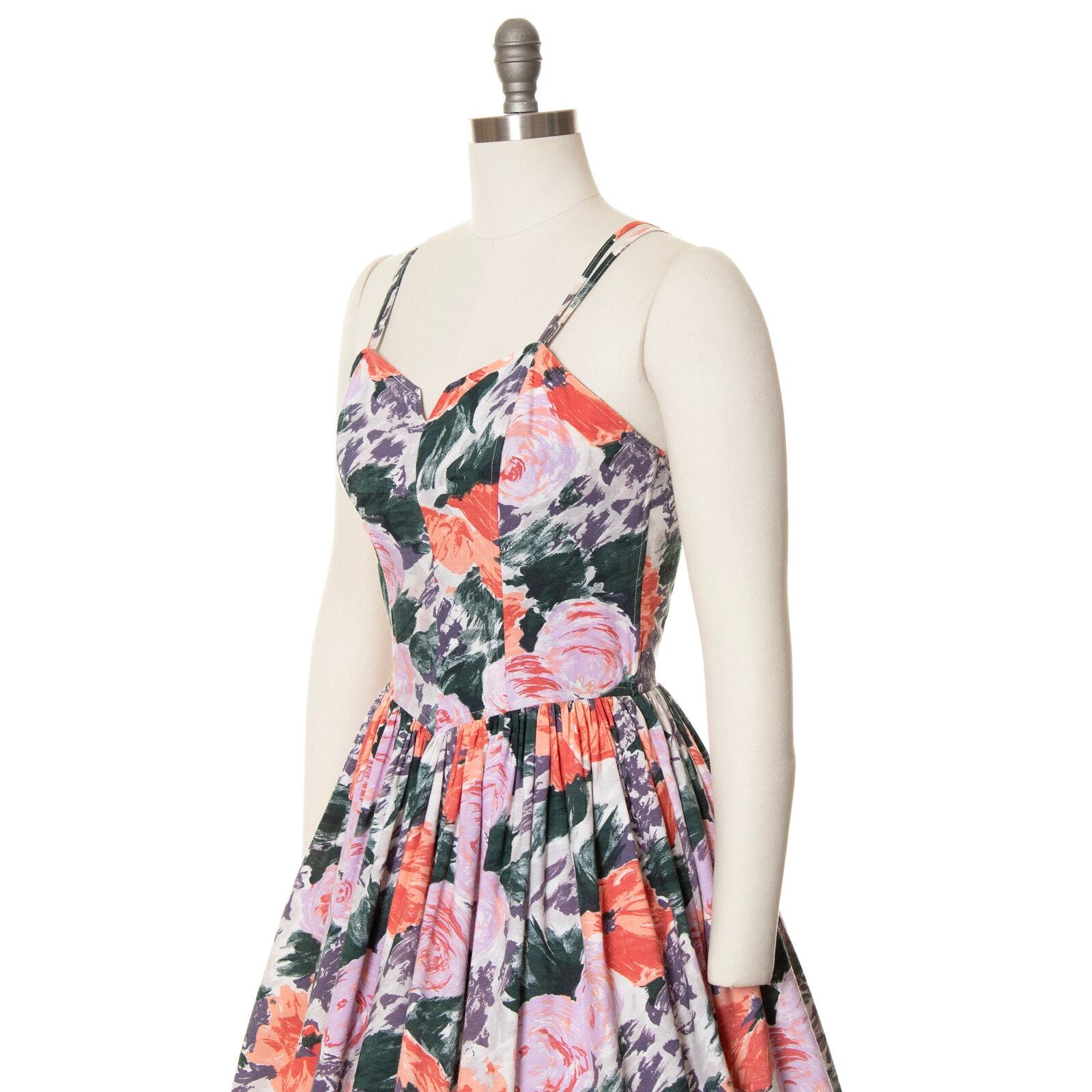 Vintage 1970s Sundress 70s does 1950s Floral Print Spaghetti Strap Fit and Flare