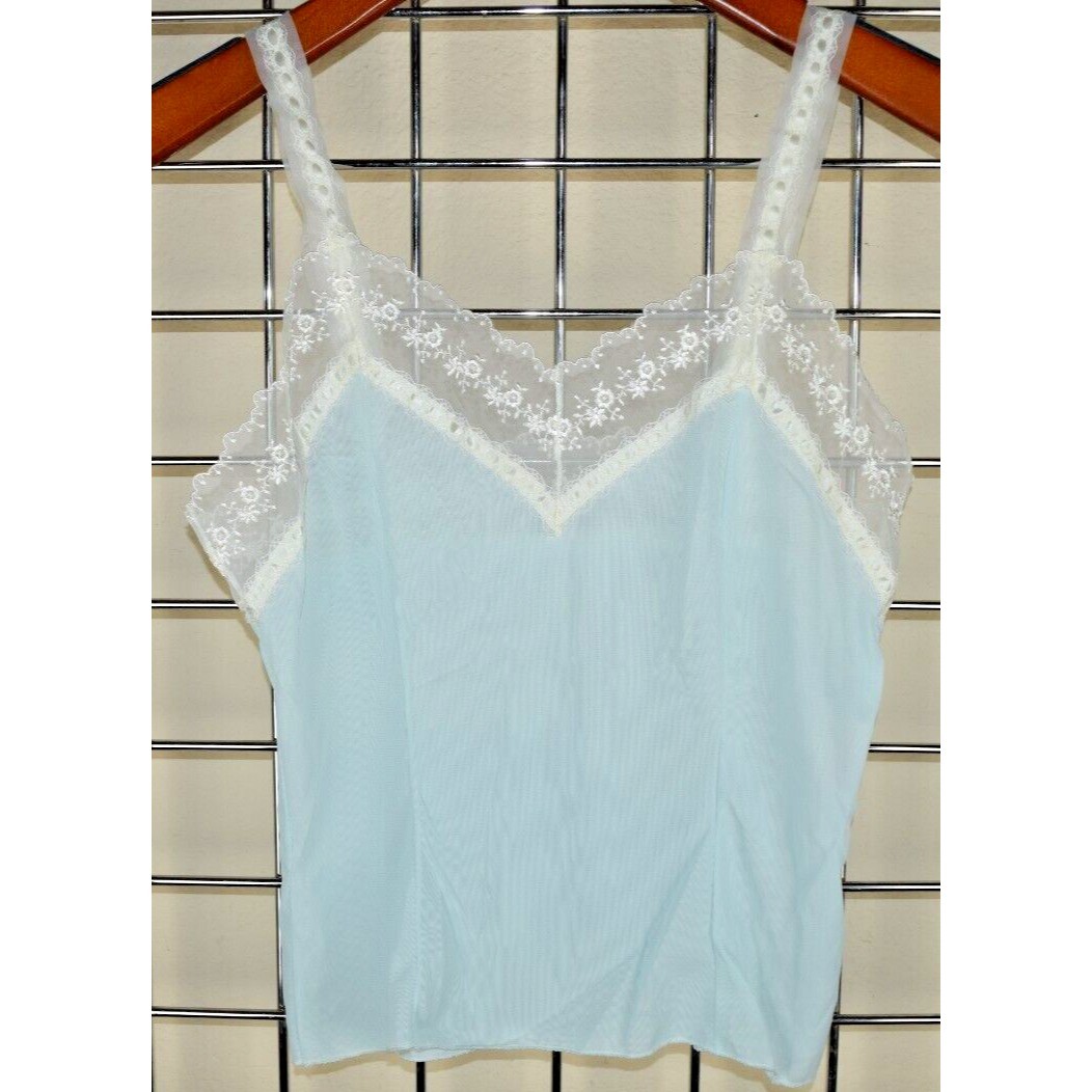 Camisole VTG Carol Brent 50s Powder Blue White Rose Lace Ribbon Straps S/M