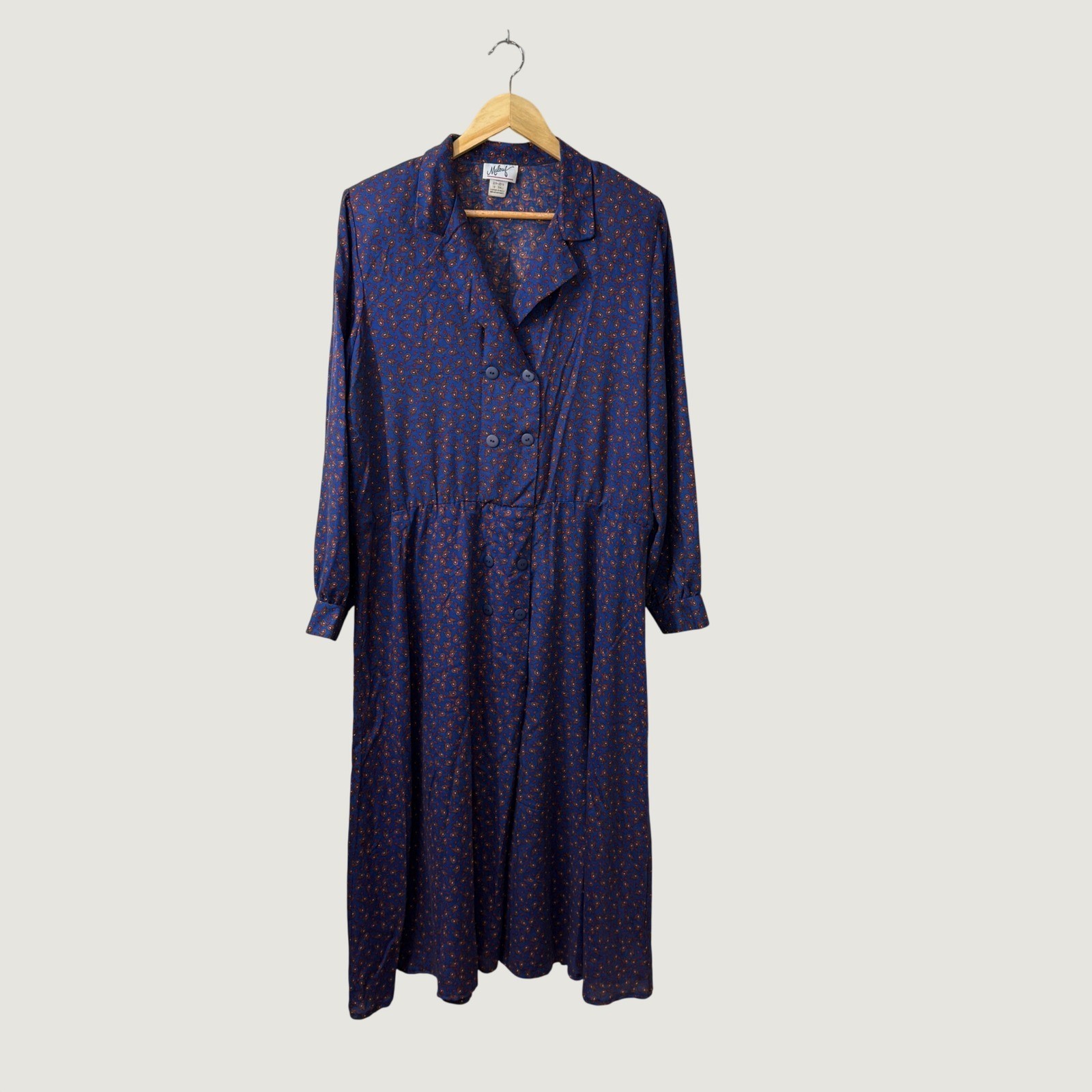 Vintage Malouf Blue Paisley Midi Dress Double Breasted Button Front 18 Tall