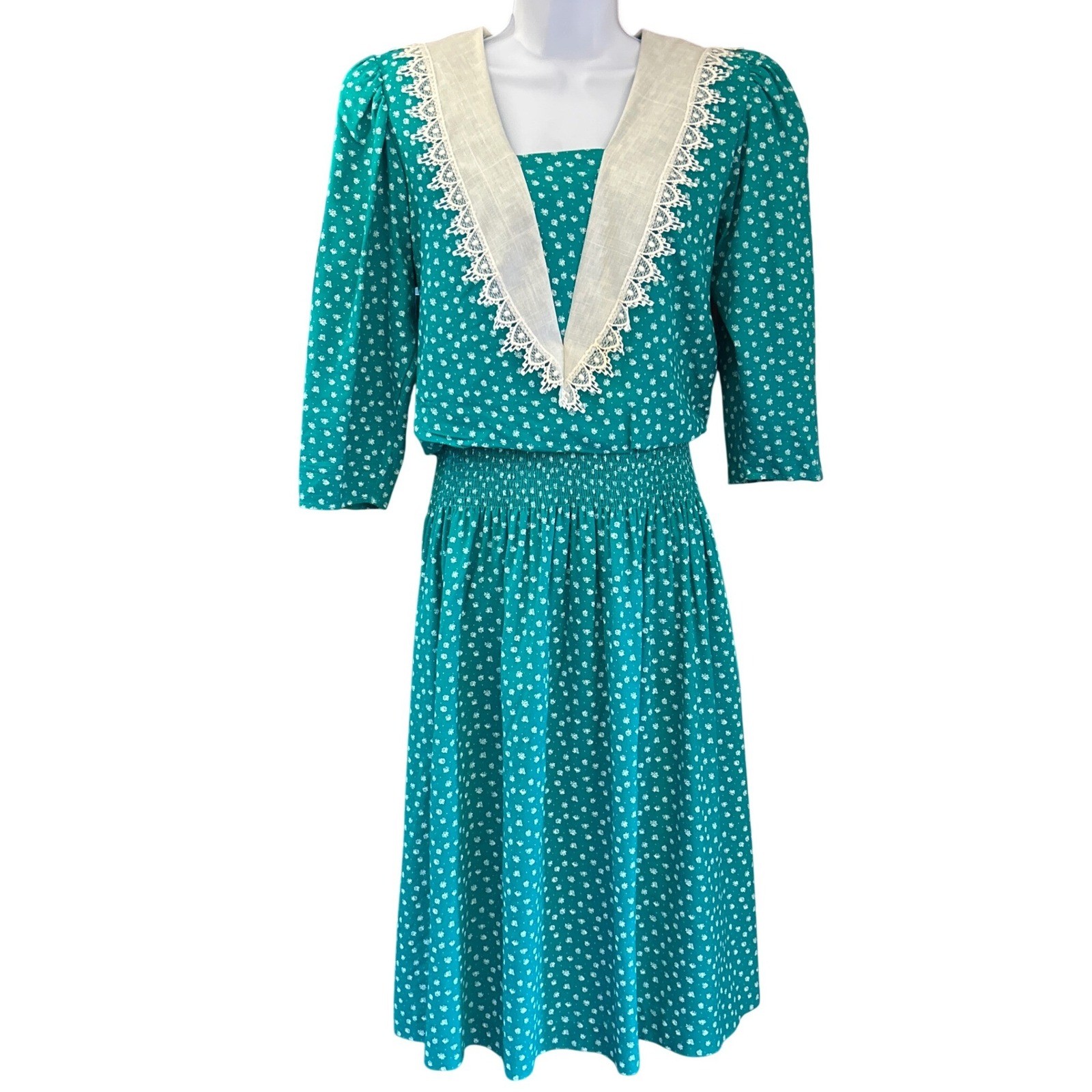 80s Dawn Joy Fashions Midi Dress Cottagecore Prairie Sailor Collar Teal Floral