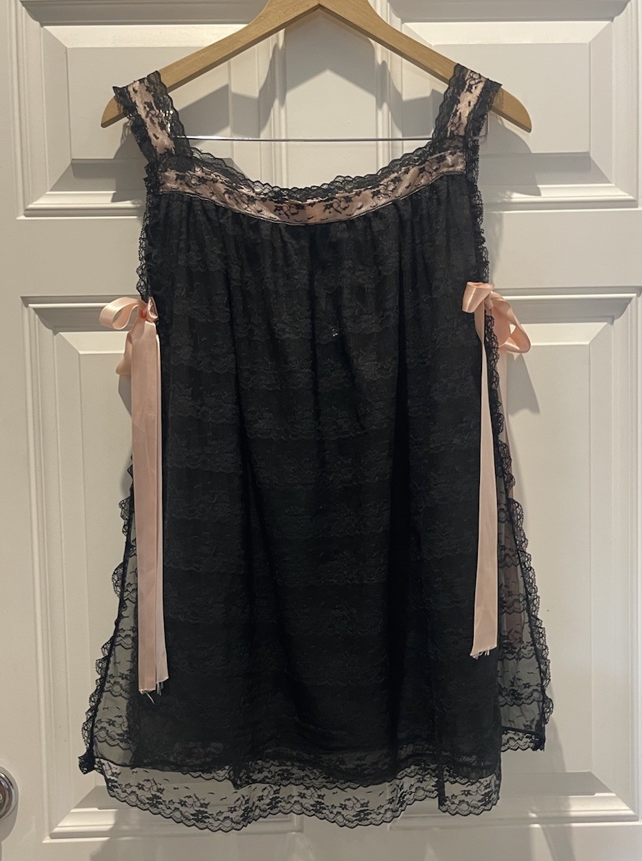 Vintage Leonora Black Sheer Lace Open Sides PinkTie Baby Doll Lingerie Free Size