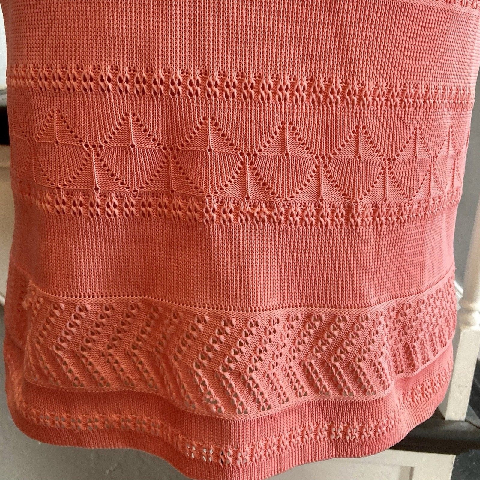 1970s Salmon Pink Coral Crochet Polyester Twinset Shell Jacket Mod Disco Spring