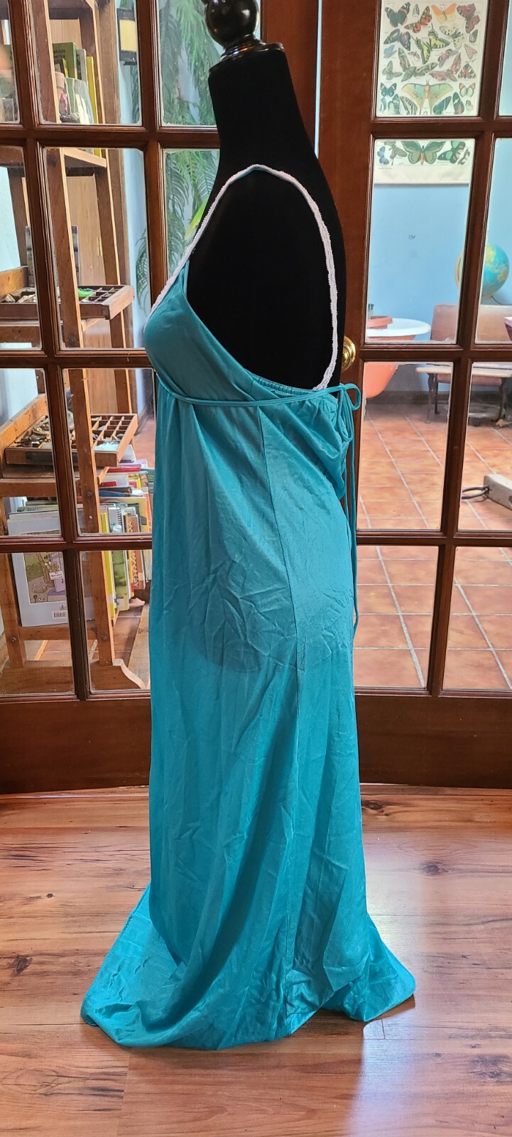 Vtg Sexy Nightgown Full Length Aqua Blue Nylon Lace Ribbon Straps Goddess Sz S