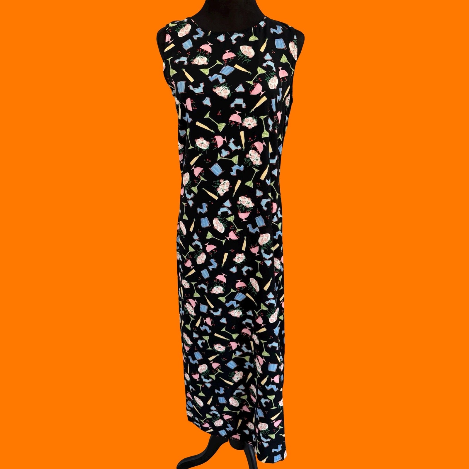90’s vintage novelty cocktail print sleeveless maxi dress SMALL dressing clio