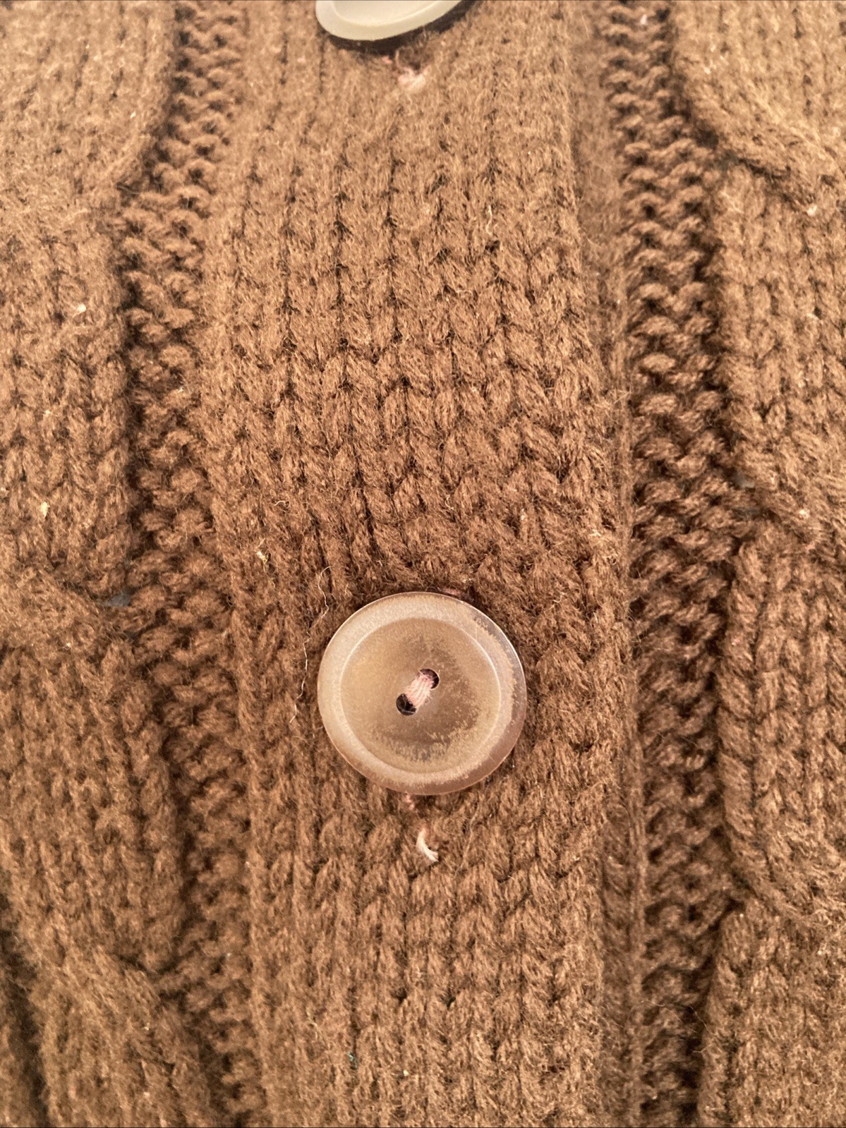 Vintage 1970s Women’s Brown Knit Cabled Acrylic Button Down Cardigan House Coat