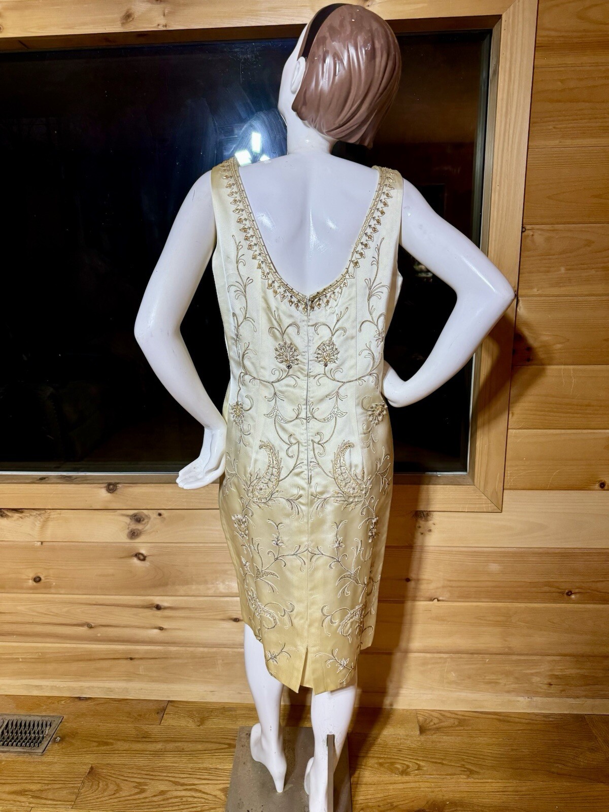 1950’s, 1960’s BEADED EVENING Dress Vintage, Champagne Satin, Gold Beading.!
