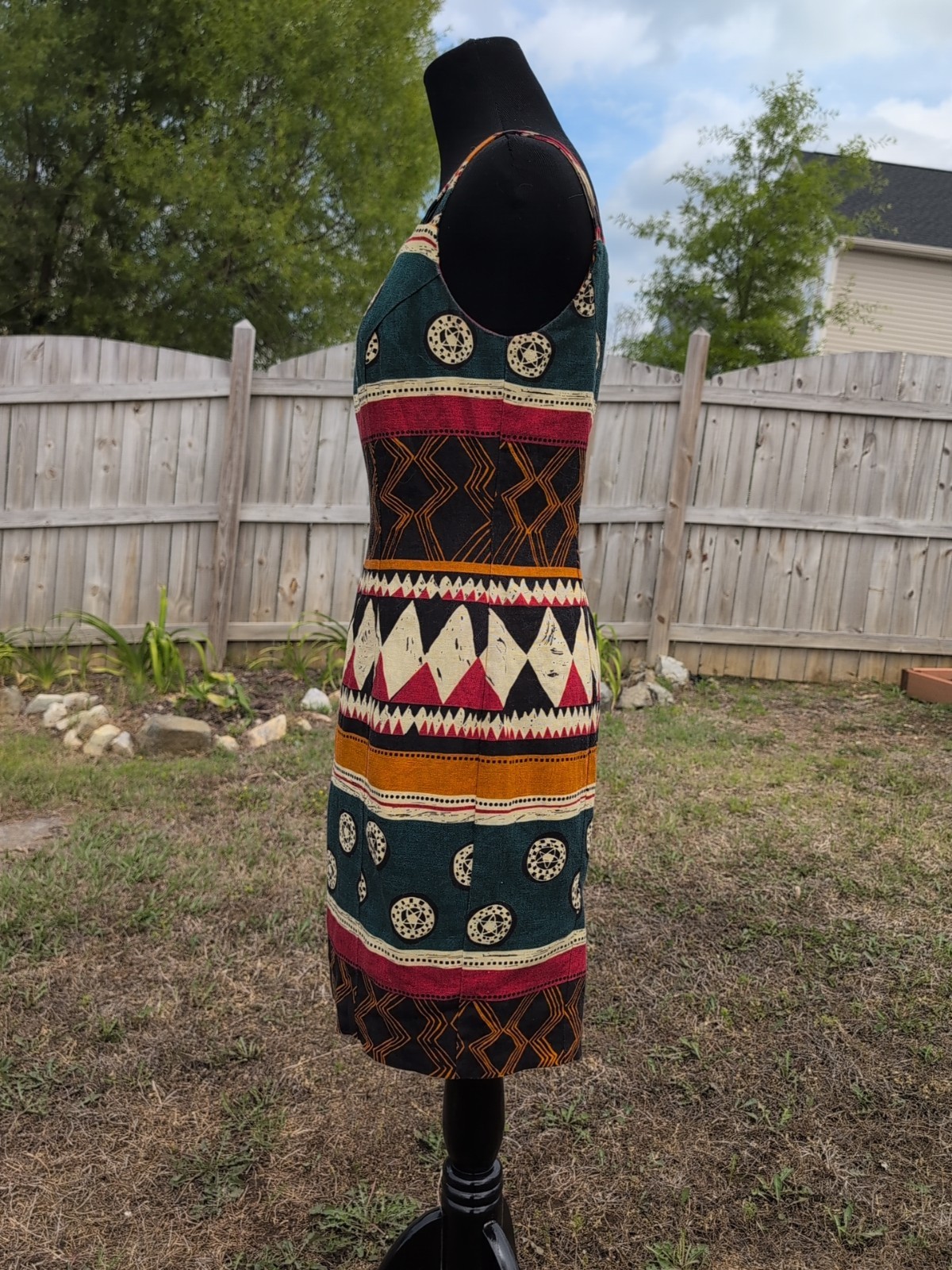 EUC VINTAGE ANDREA JOVINE LINEN SPAGHETTI STRAP SHEATH DRESS TRIBAL PRINT SIZE 4