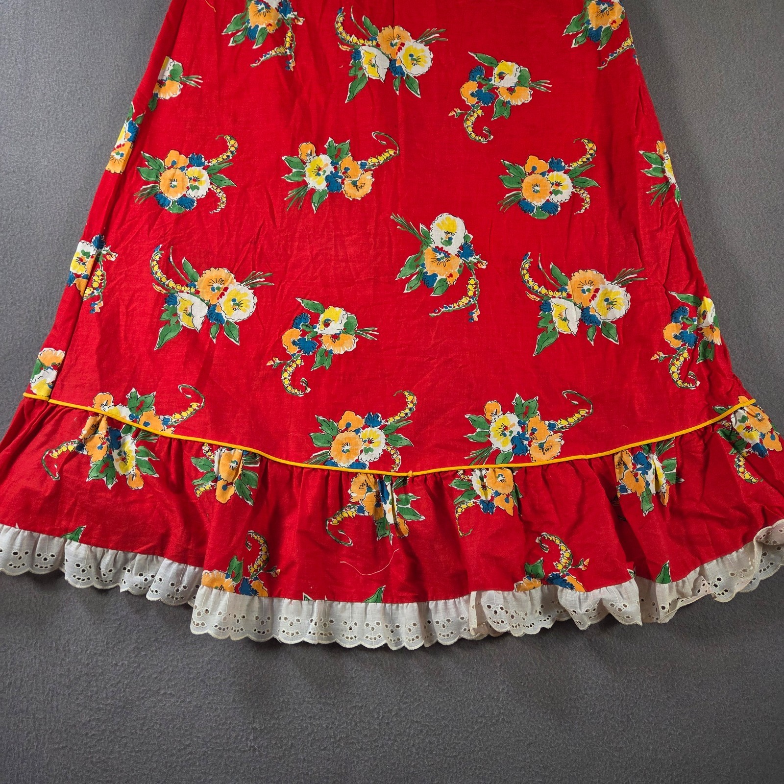 Vintage Floral Skirt Womens 28″ Red Maxi Flare Lace Trim A Line Dance 80s