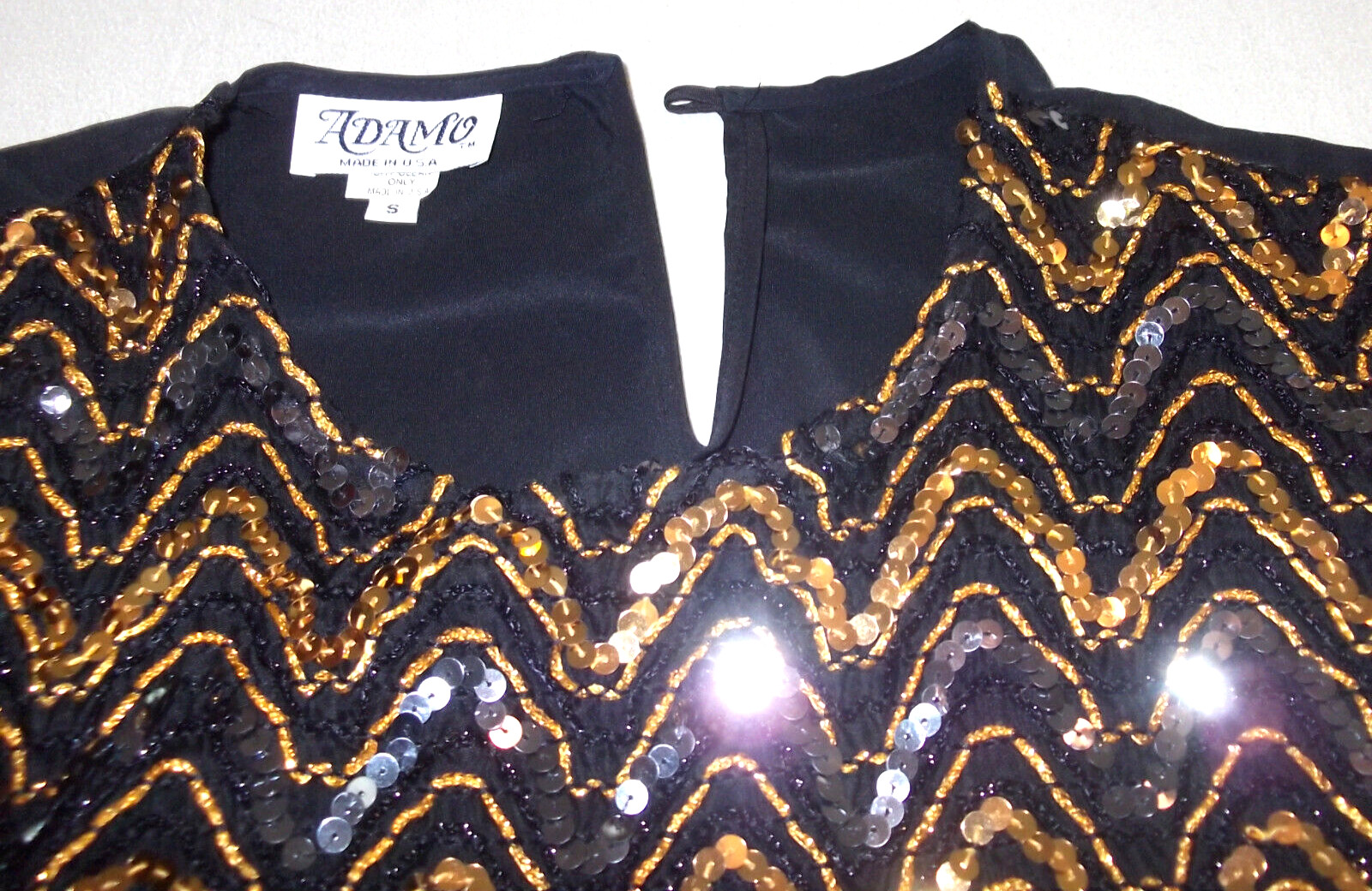 Vtg Black ADAMO Gold SEQUINED Pullover SHORT SLEEVE Evening Cocktail TOP/Size S