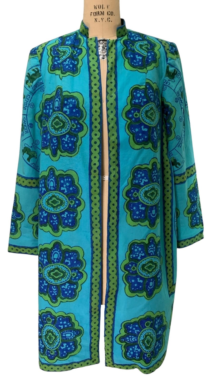 Vintage 60s Women’s ZODIAC PRINT Open Front Cotton Coat Dress Topper – Sz M/L
