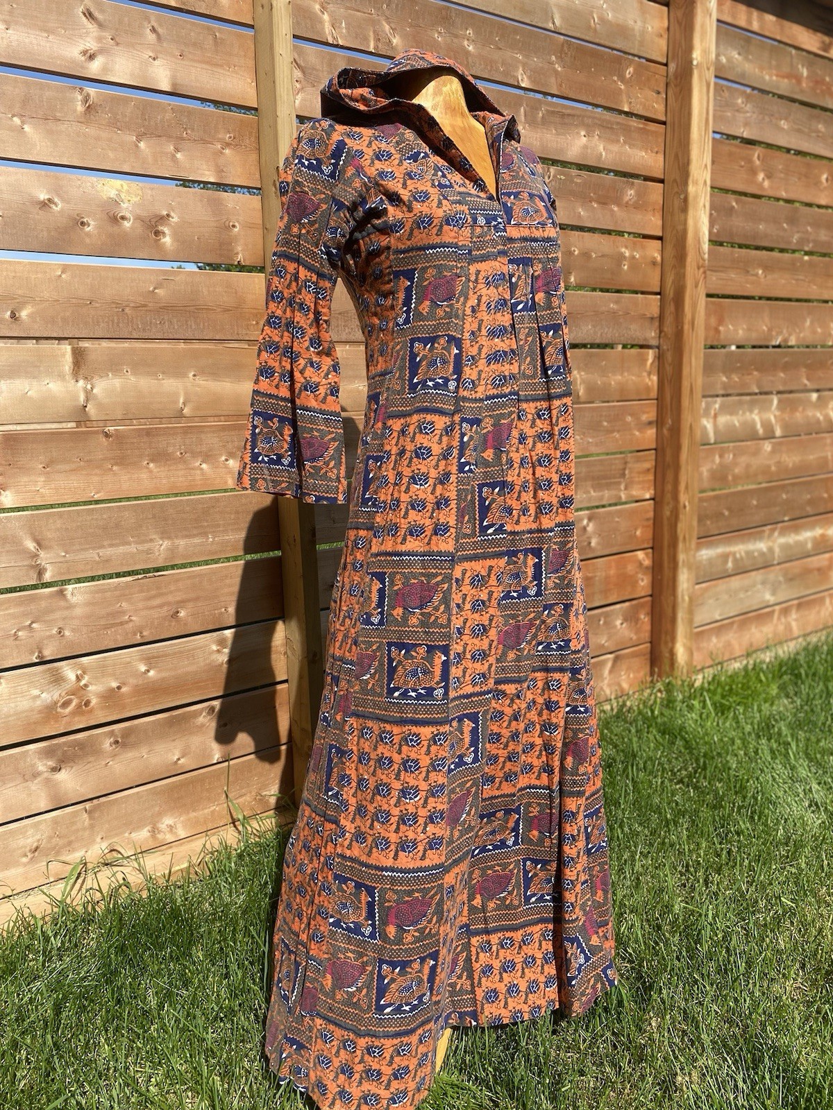Vintage 1970s Hooded Maxi Dress With Turkey Print Boho Hippie patchwork