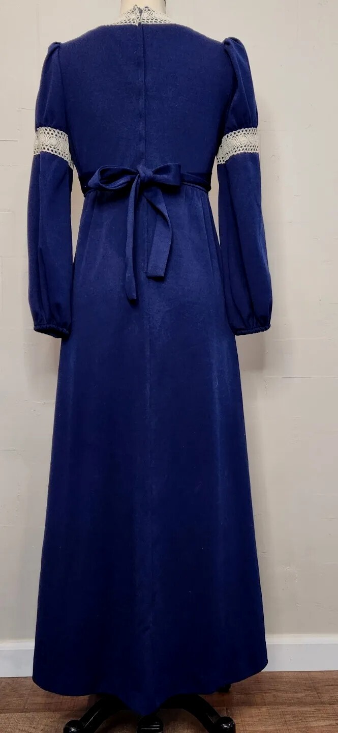 Vintage 70s Royal Blue Ivory White Lace Maxi Dress Tie Empire Waist S or M