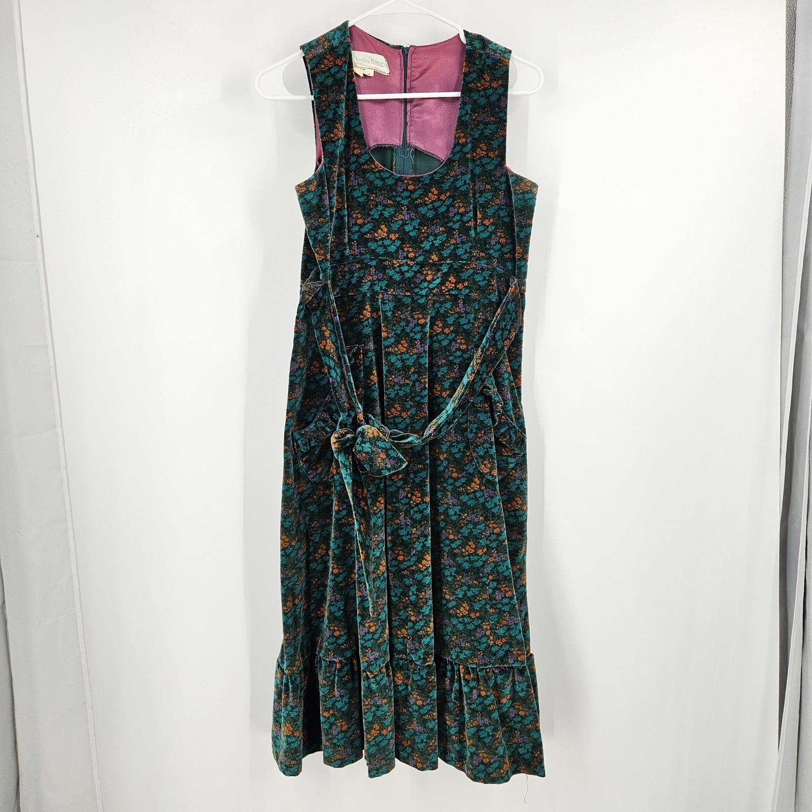 VTG 70s Belle Floral Velvet France Dress Green Orange Cottagecore Trad wife 10