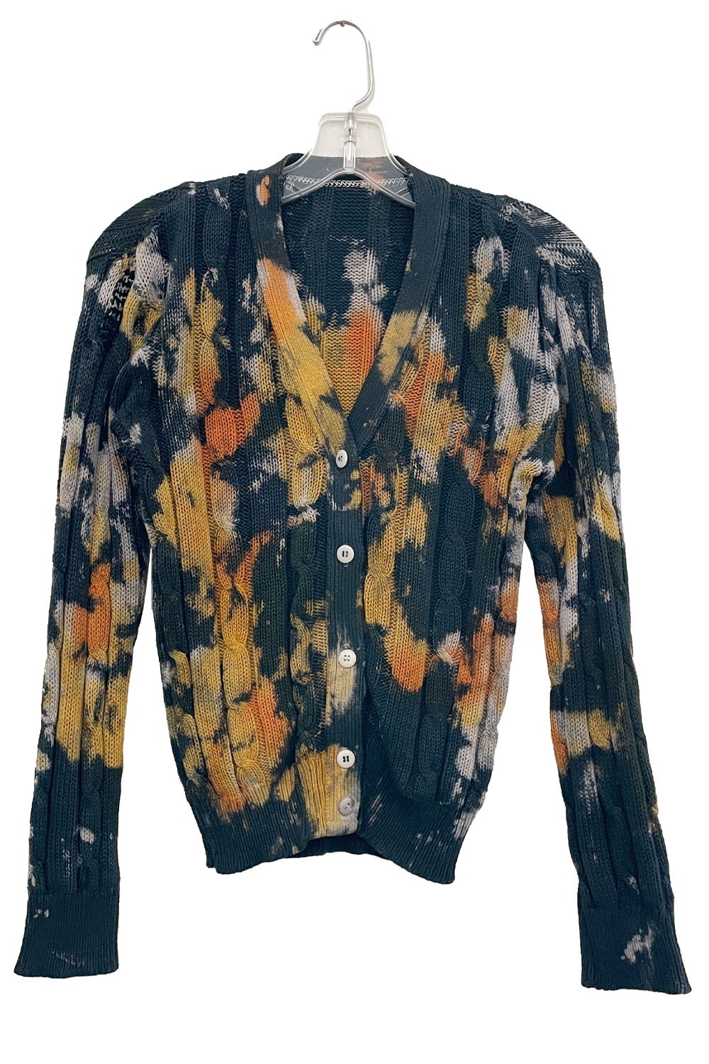 Vintage Hand Dyed Cotton Button Down Sweater Black Orange Yellow Small Womens