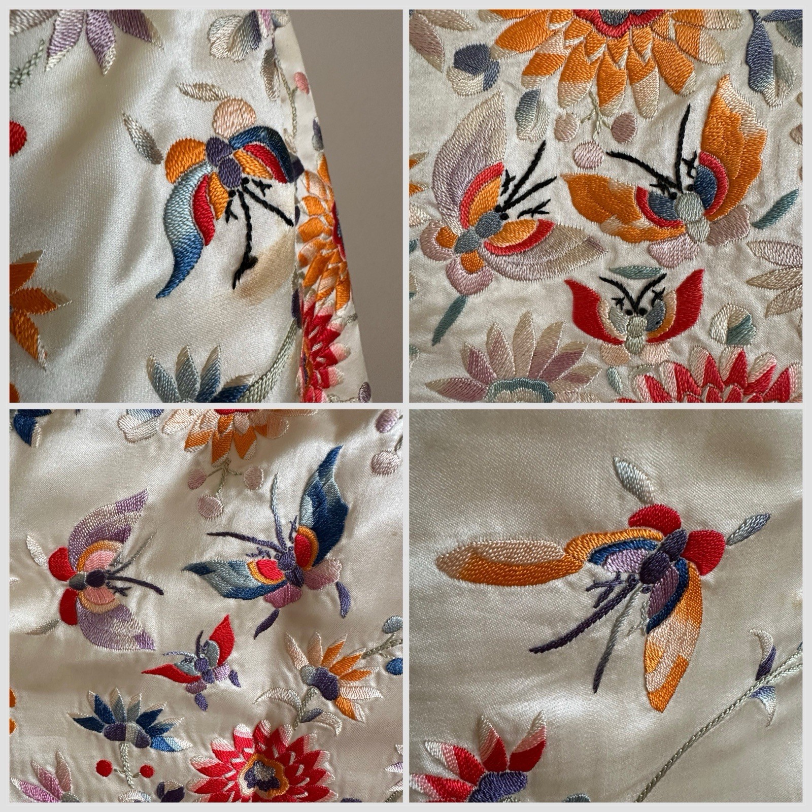 1920s 30s Silk Embroidered Export Piano Shawl Jacket Moth Floral Peking Knot VTG