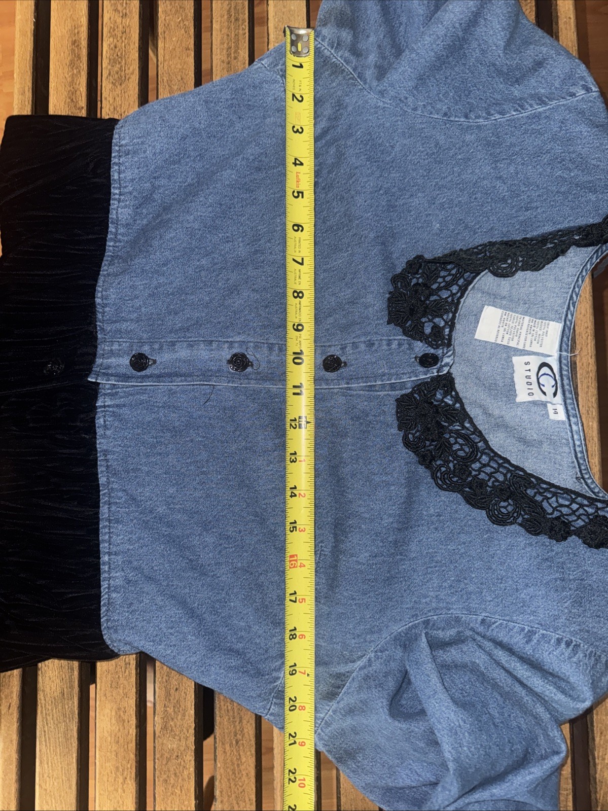 VTG 80’s C Studio Denim & Black Velvet Dress with Lace Collar Size 14