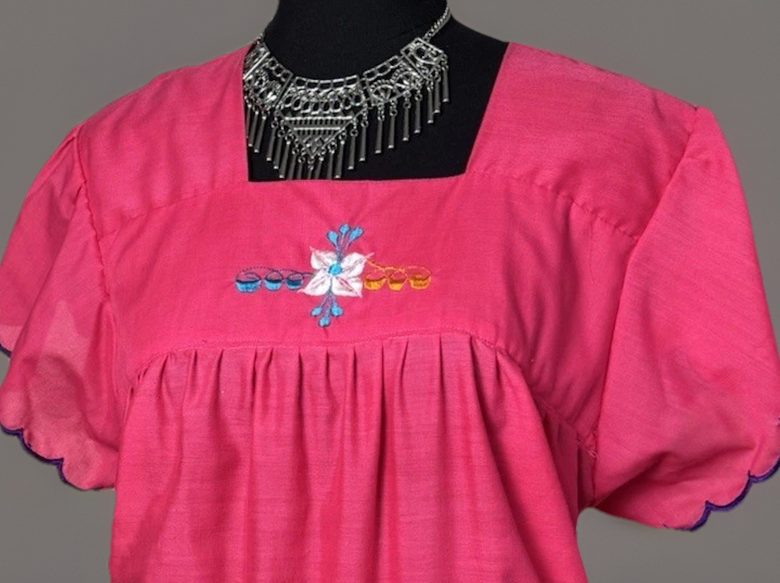 Vintage Panama Embroidered Caftan Dress Fuchsia Floral Muu Muu House Dress