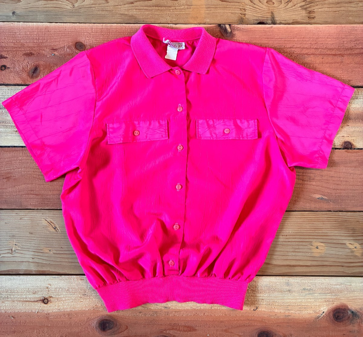 Vintage 80s Rhoda Lee Hot Pink Blouson Shirt Womens L Dolman Sleeve Retro