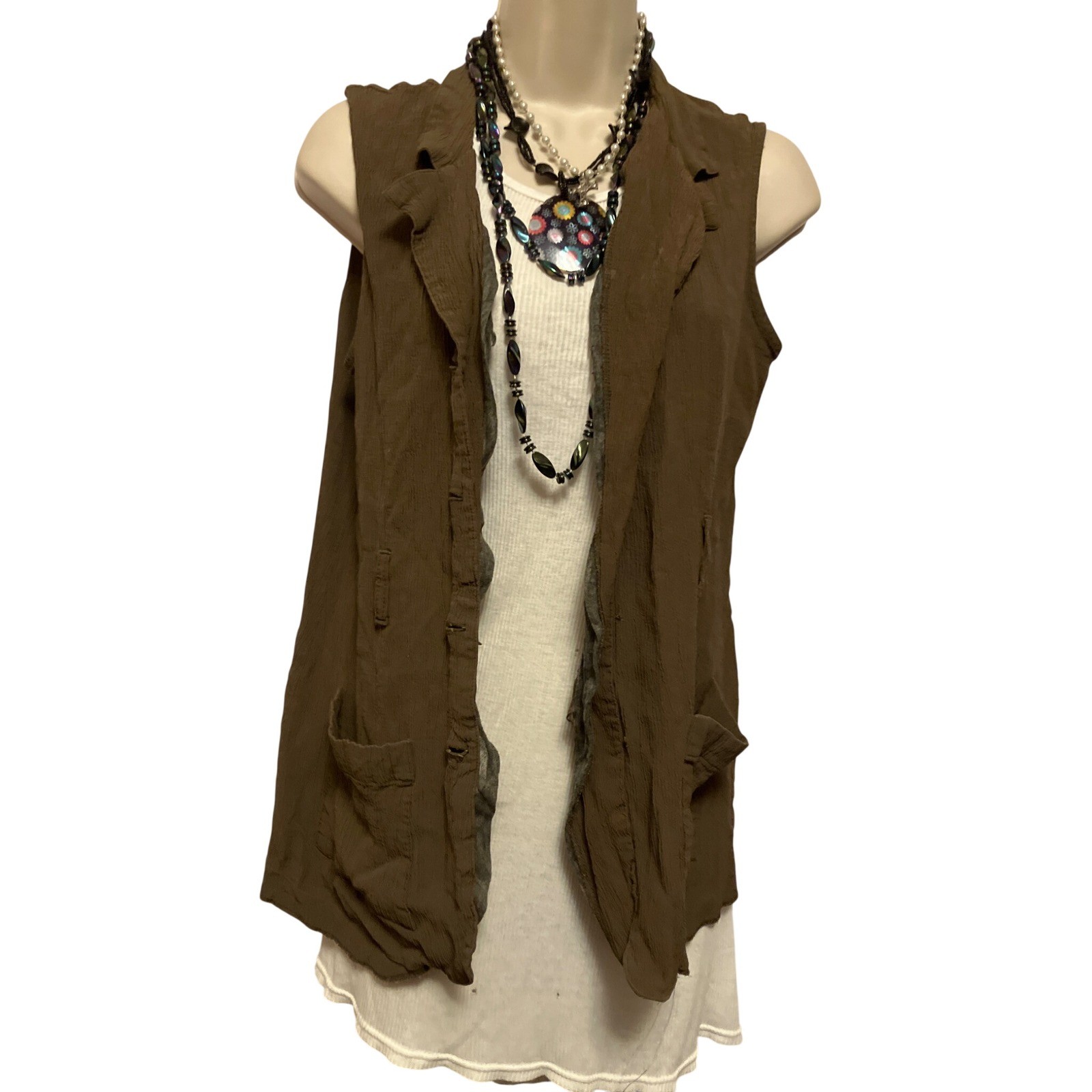 Vintage 90s Ellen Ashley Brown Crinkle Vest Long Boho Lagenlook Artsy Layering L