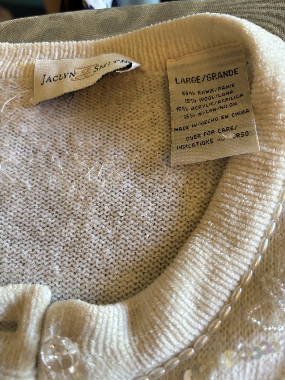 Vintage Jaclyn Smith Large Cream Beaded Sequin Cardigan Ramie Wool Acrylic Nylon