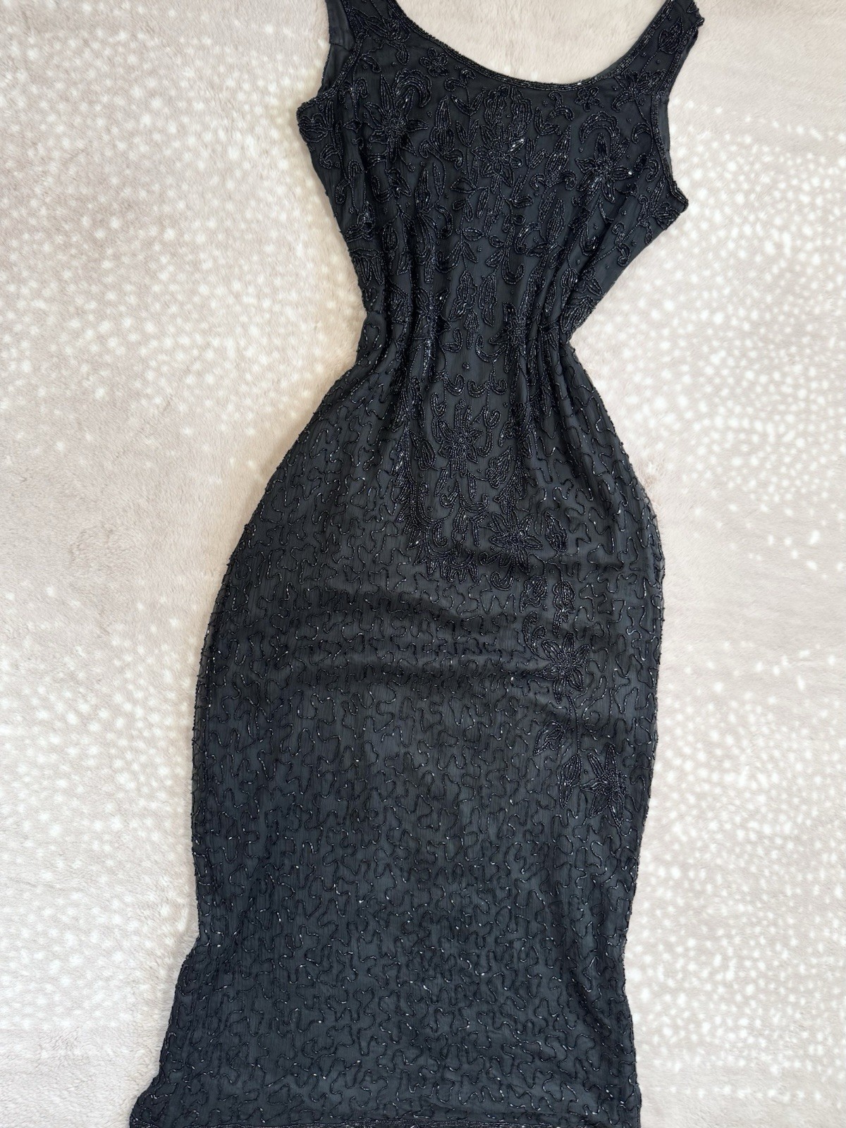 Vintage 90s Black Beaded Fairy Formal Gown Dress Maxi Evening Prom Silk XL