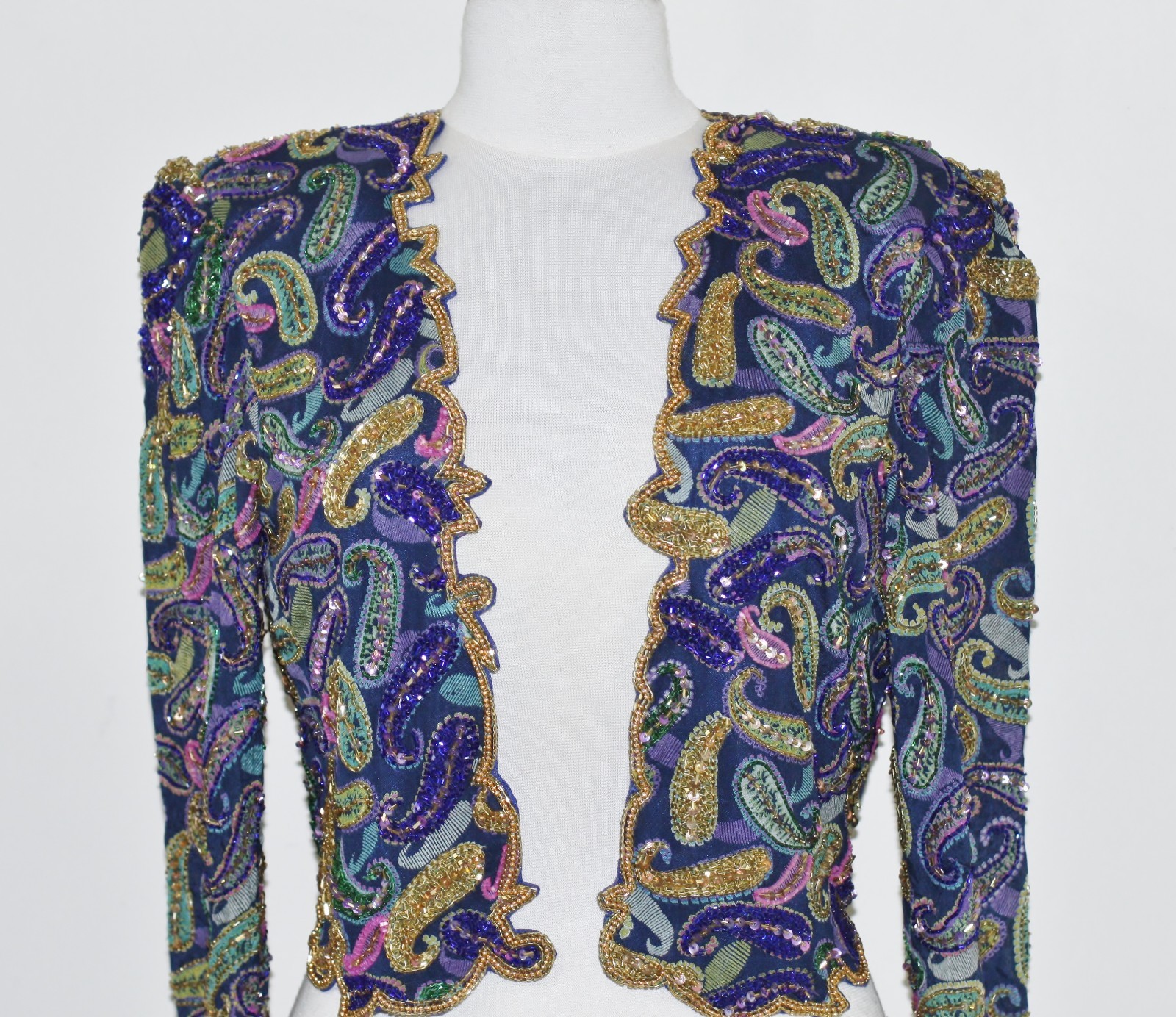 Jasdee Vintage Bolero Jacket Hand Work Bead & Sequins & Hand Print On Silk #2093