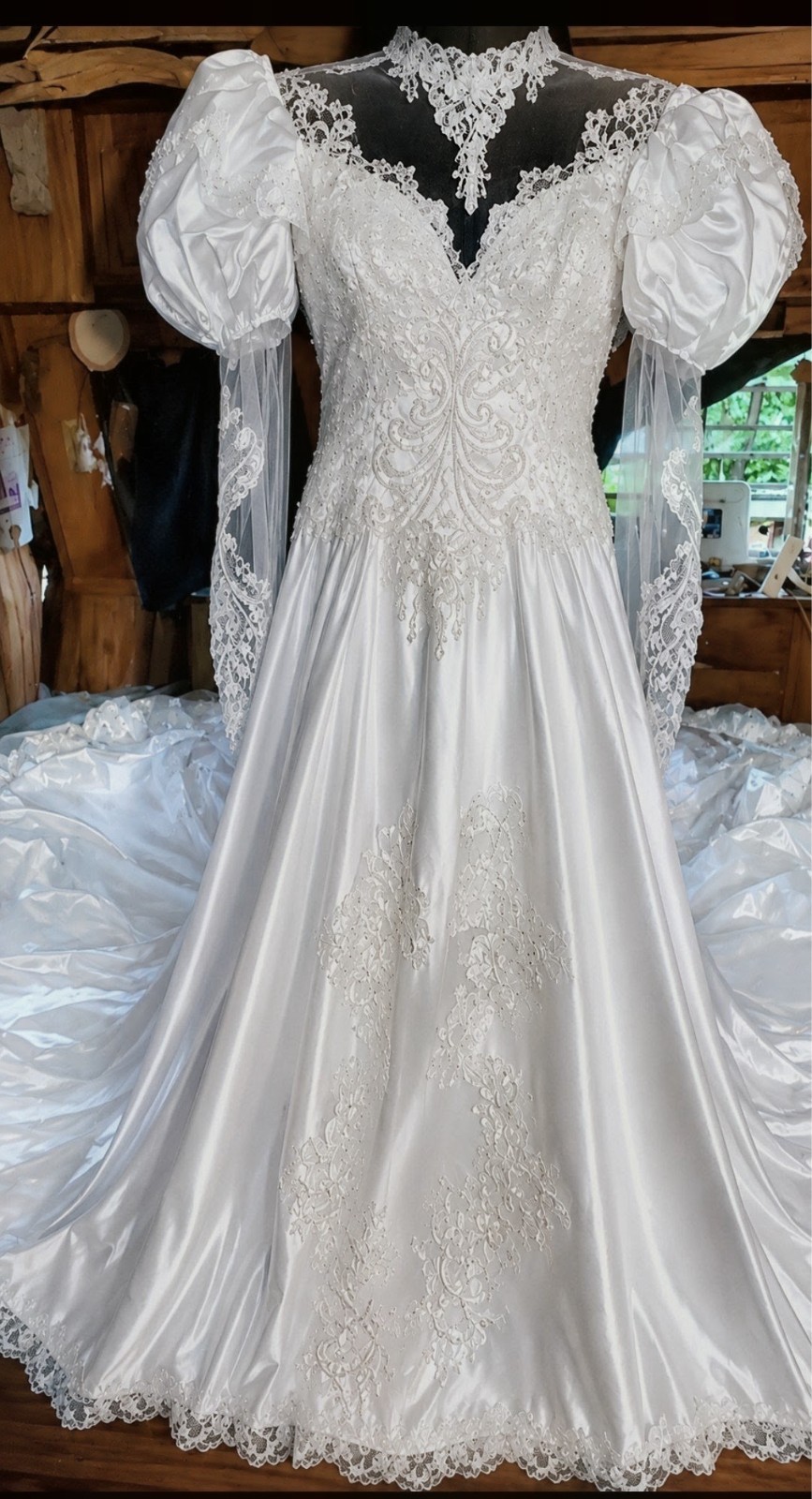 Restored Vtg 80s 90s Satin Wedding Dress High Neck Juliet Sleeve Gown Set Small