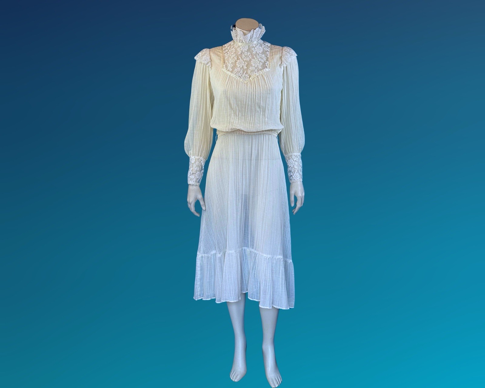 Vintage Romantic Victorian Revival Prairie Lace Crinkle Cotton Dress | S