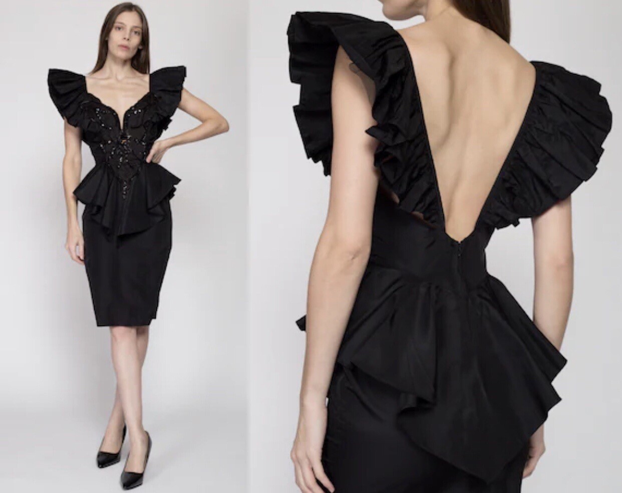 Vintage 80’s Climax Karen Okada Ruffled Peplum Bodice, knee Length Dress. Sz 5/6