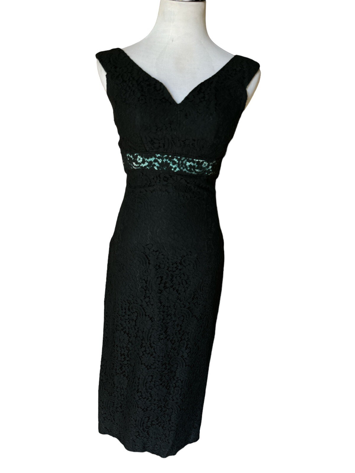 Vtg 50/60’s Two Piece Black Robins Egg Blue Lace Dress Long Coat Sz 4/6 (?) 28”