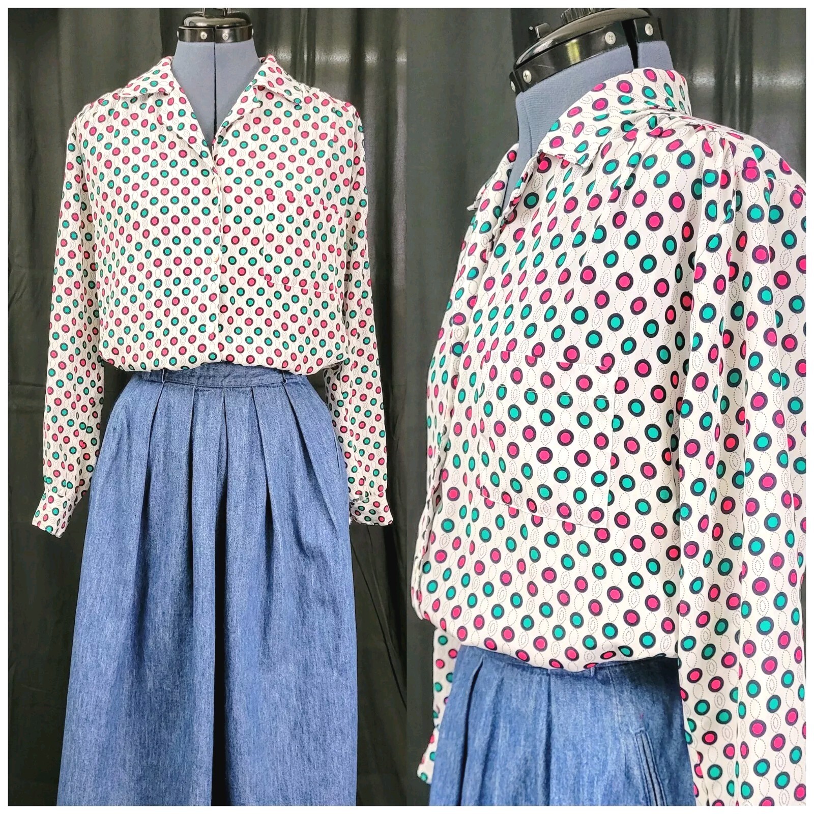 Vintage Lady Ansabelt White Blouse w Magenta & Green Dots Size M?