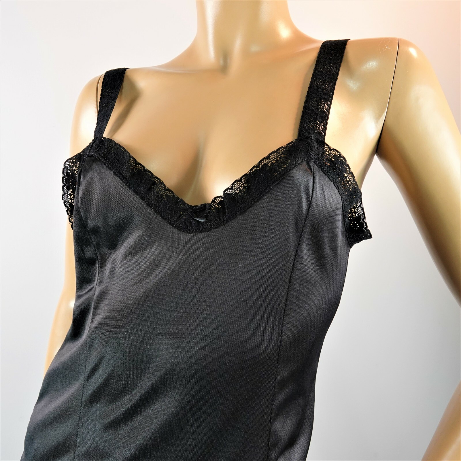 Vintage Newton Camisole Half Slip Top Sz M Black Satin Nylon Lace Trim USA Made