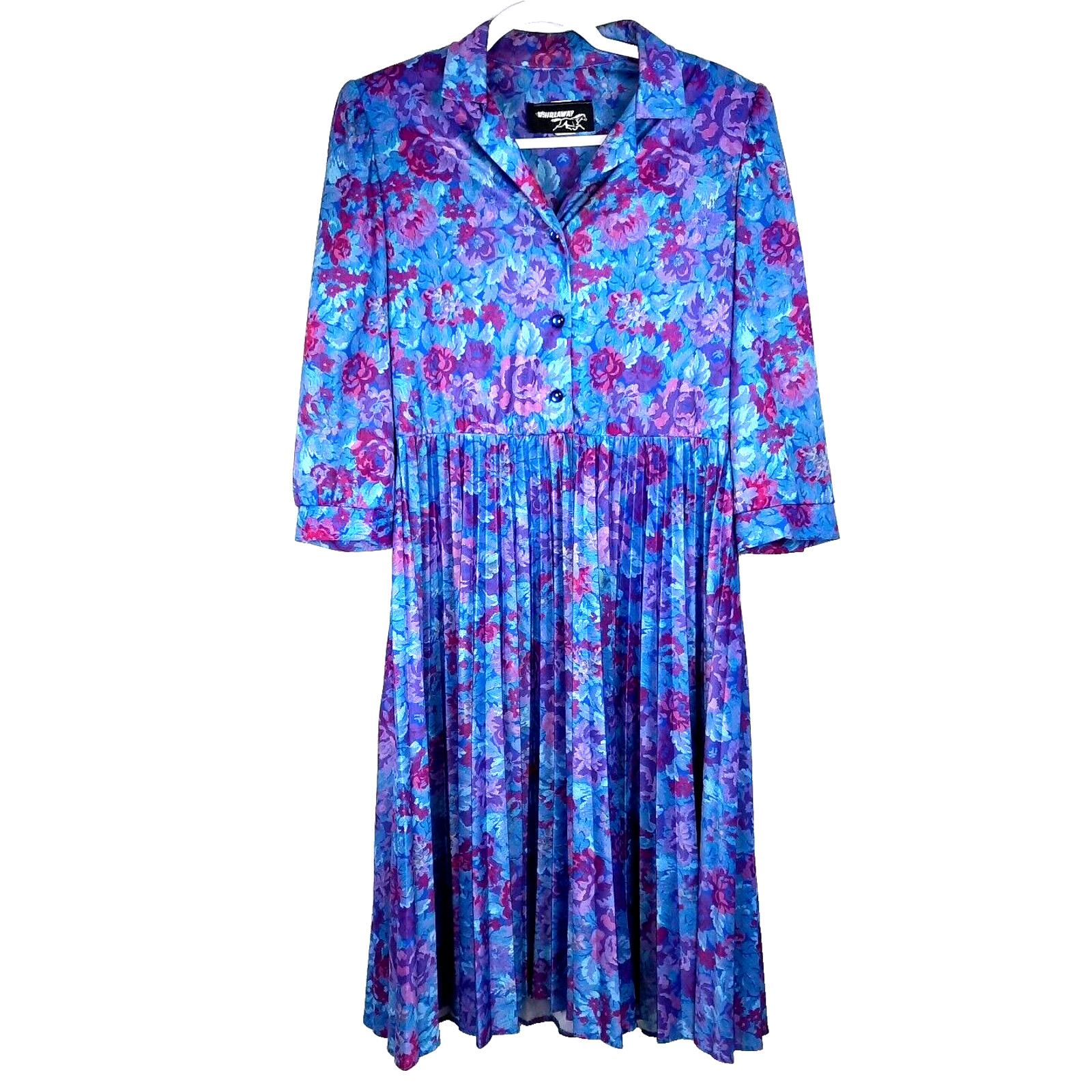 Vtg 70s Whirlaway Floral Pleated Secretary Dress Size 12 Blue Purple Secretary