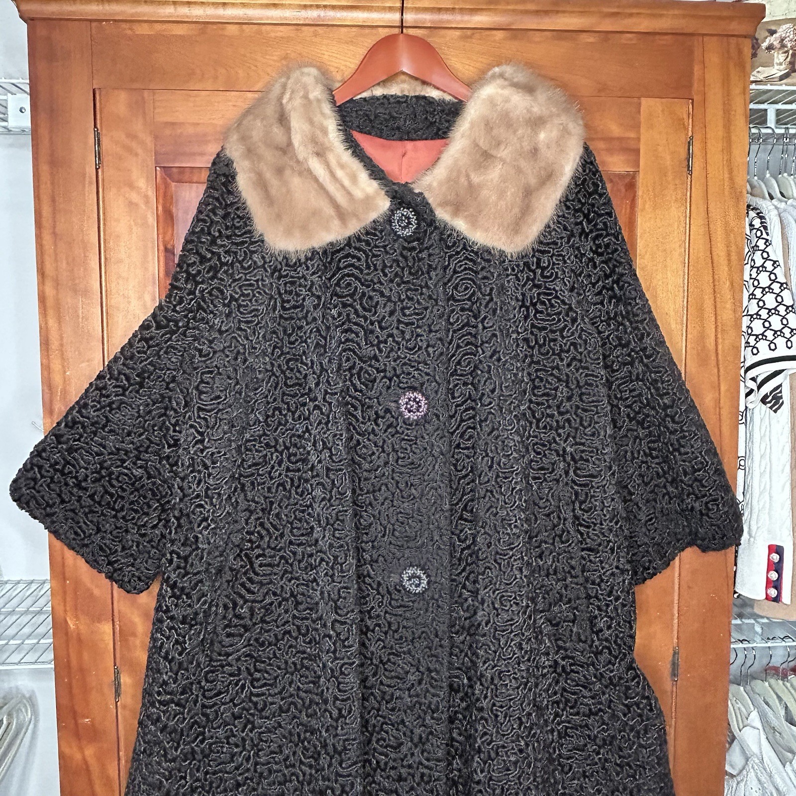 Vintage Astrakin Lepshire Longline Curly Persian Lamb Wool Coat with Mink Fur XL