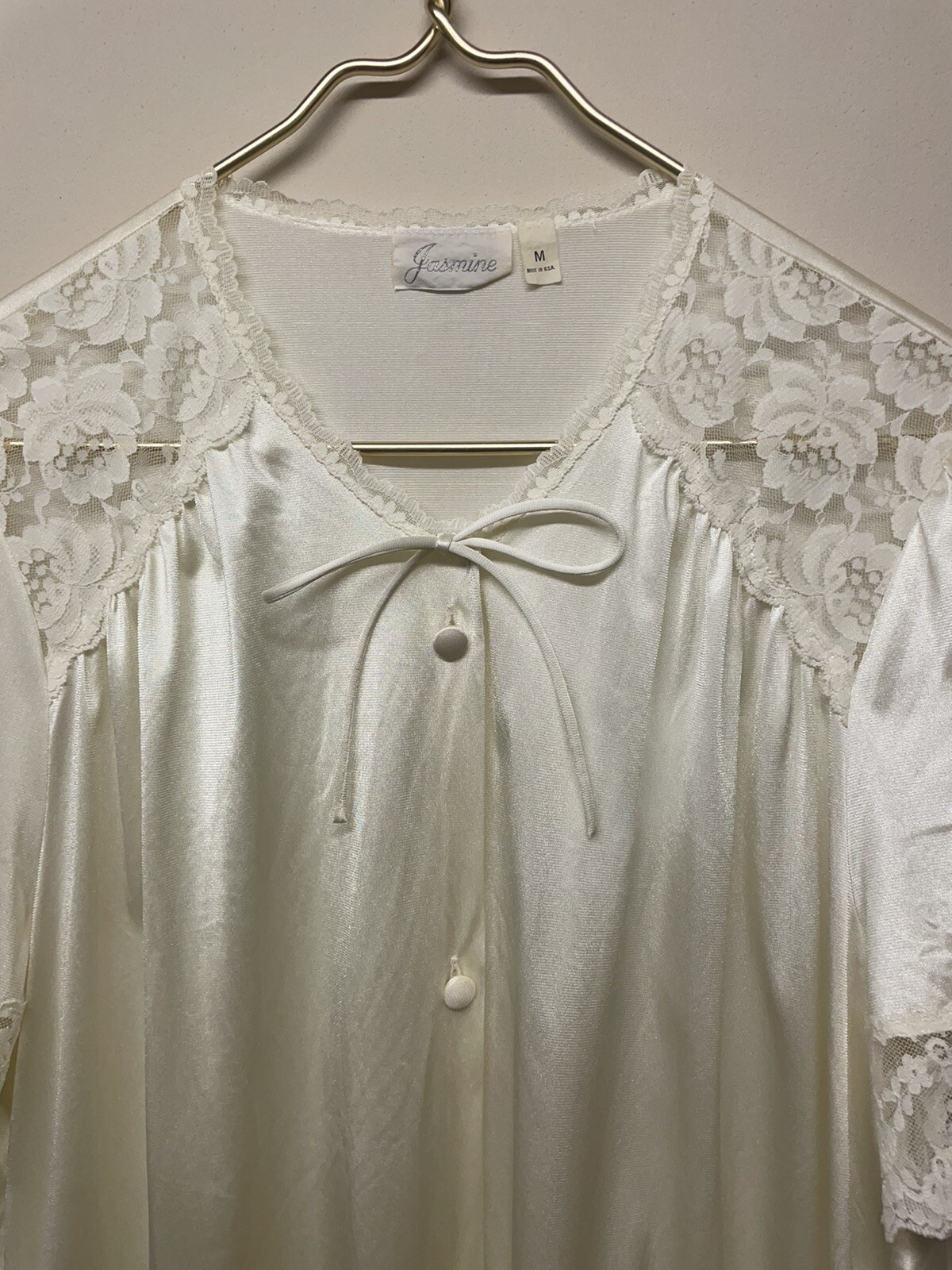Vtg Jasmine M Short Sleeve Robe Lace Ivory USA Made