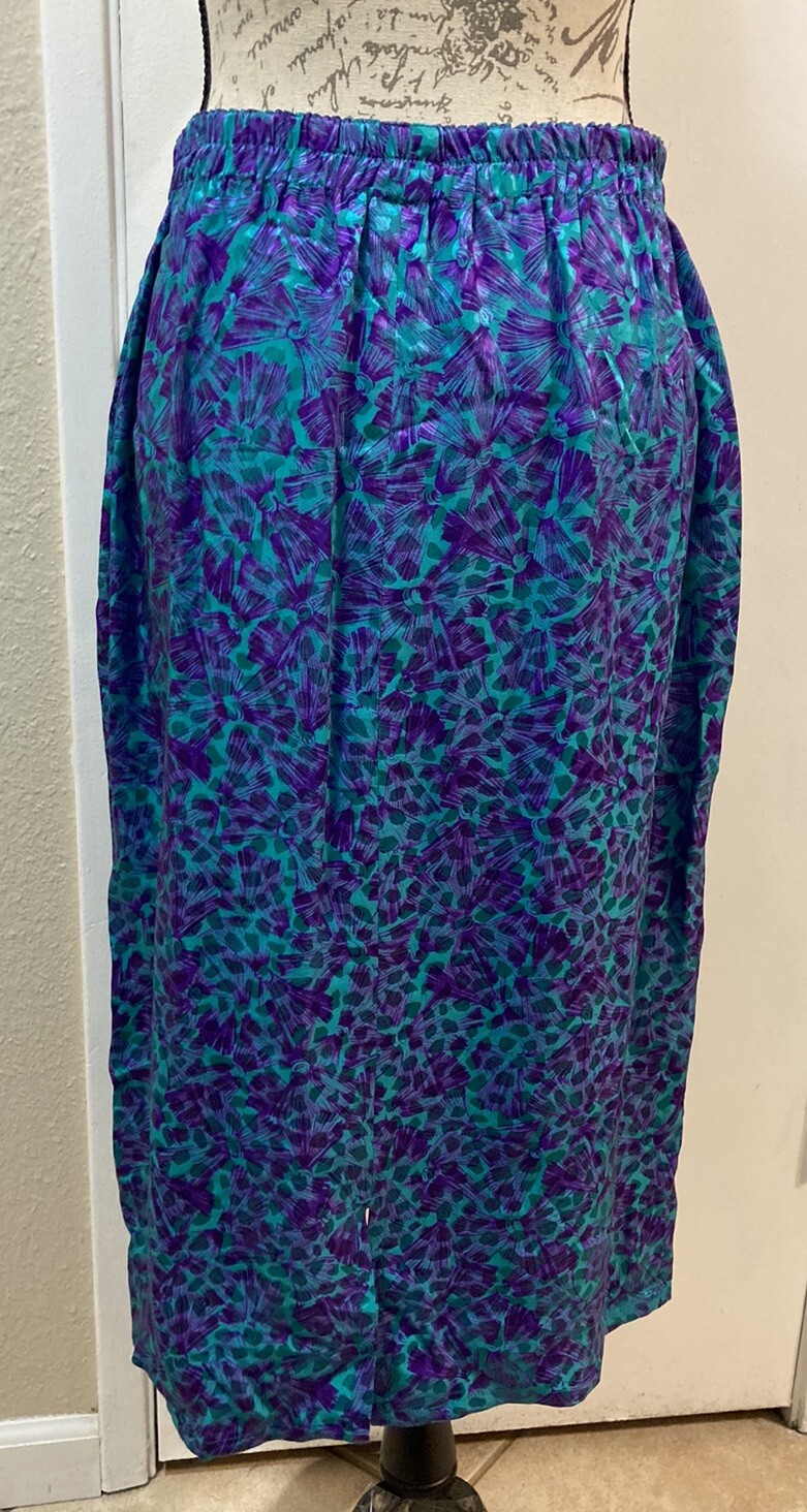 NORA NOH Asymmetric Blouse Maxi Skirt Set 100% Silk Jewel Green Purple Vtg 14