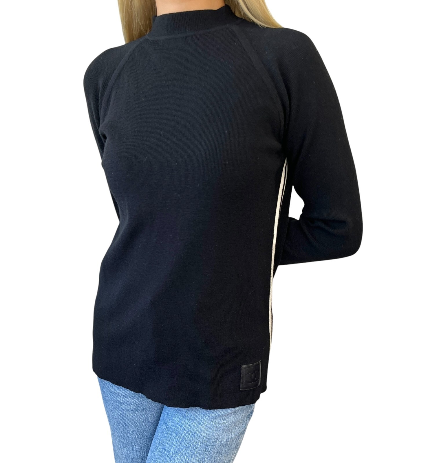 CHANEL Sport Vintage 04A CC Logo Knit Sweater Top #38 Mock Neck Black Wool