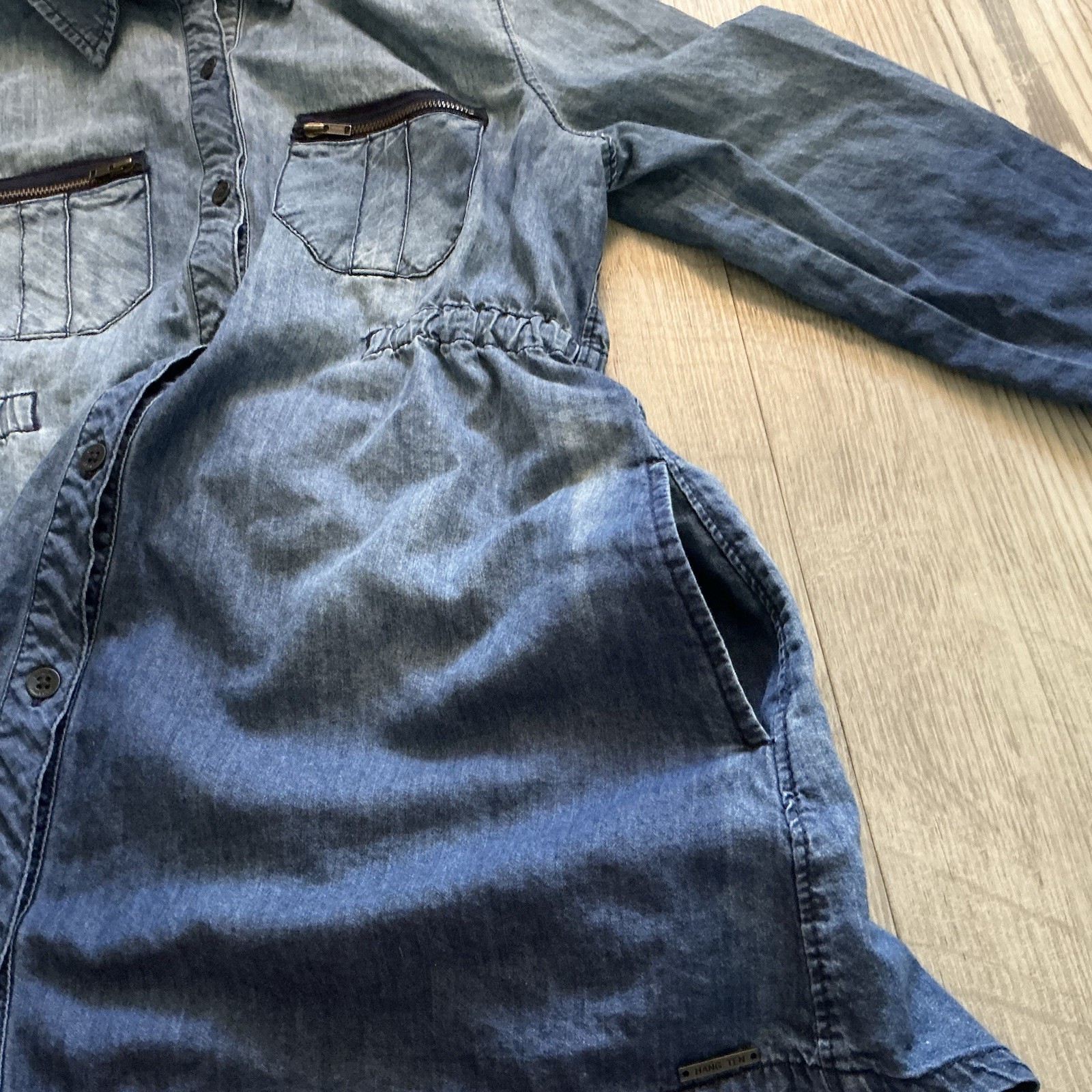 Hang Ten VTG 90s Indigo Chambray Denim Shirt Dress Roll Tab Sleeves M Drop Waist
