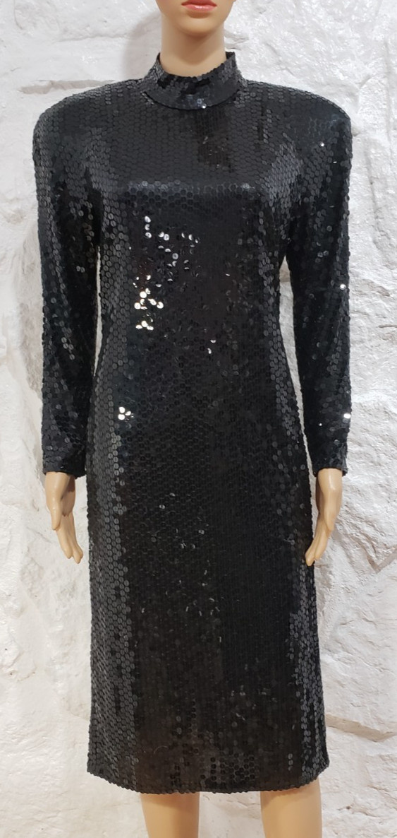 Vintage Oleg Cassini Black Sequin Fitted Dress Women’s Sz 10 Open Back