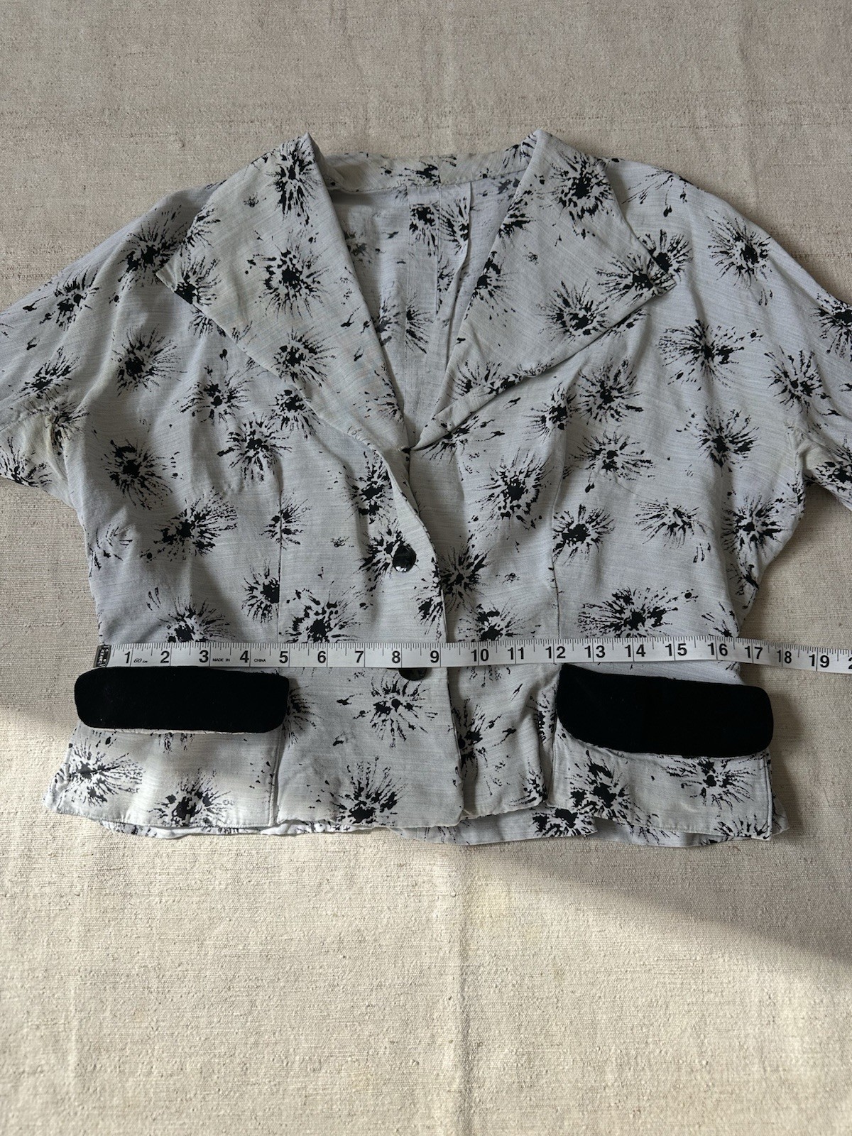 1940s Vintage French Rayon Jacket Blouse Grey Printed Top Womens Medium