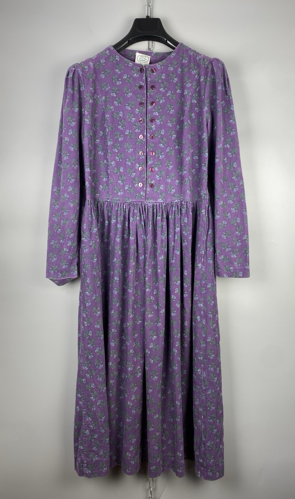 Vintage 80s Laura Ashley Dress Cotton Corduroy Floral Long Sleeve Size M EU 40