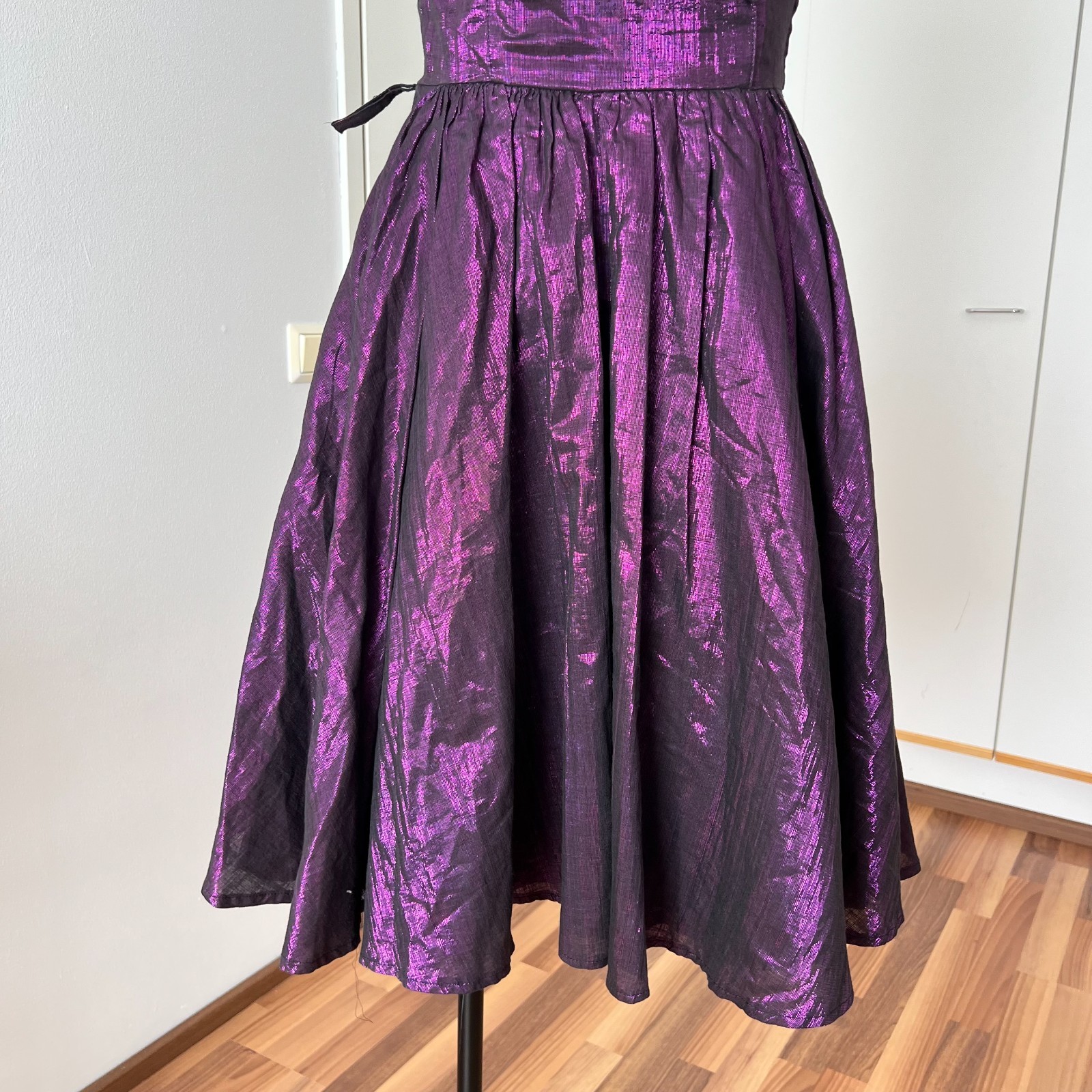 1980s Purple Off Shoulder Cocktail Party Dress Cotton Blend Aline Midi Retro 36