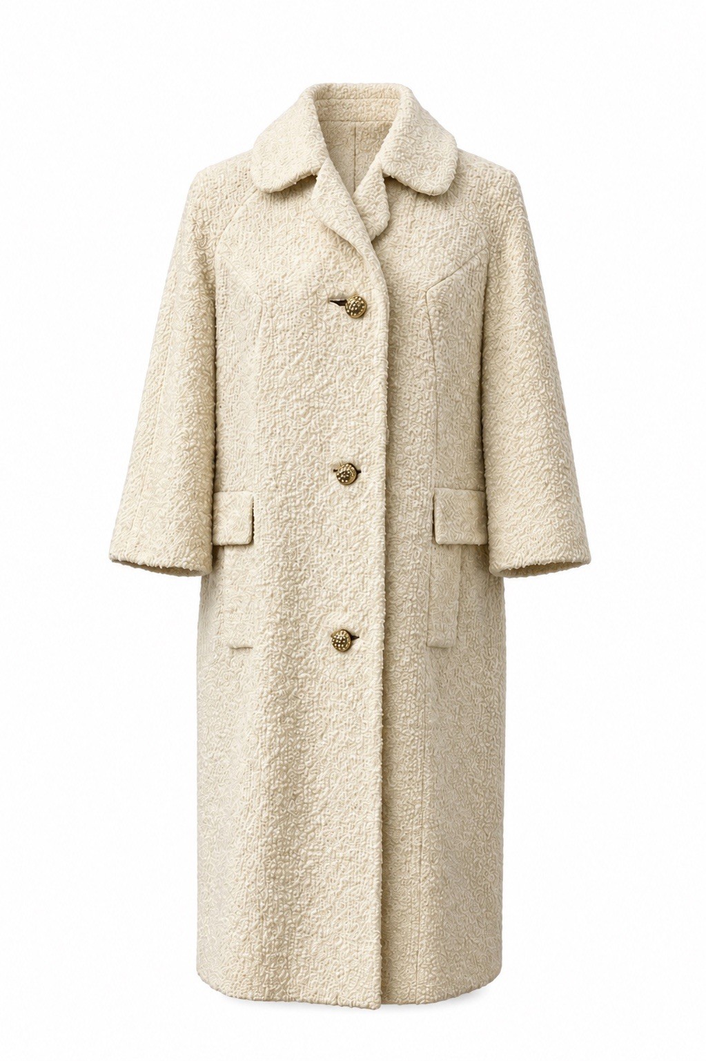 Vintage Creamy Off White Loose Weave 1960’s Wool Coat With Jeweled Buttons M