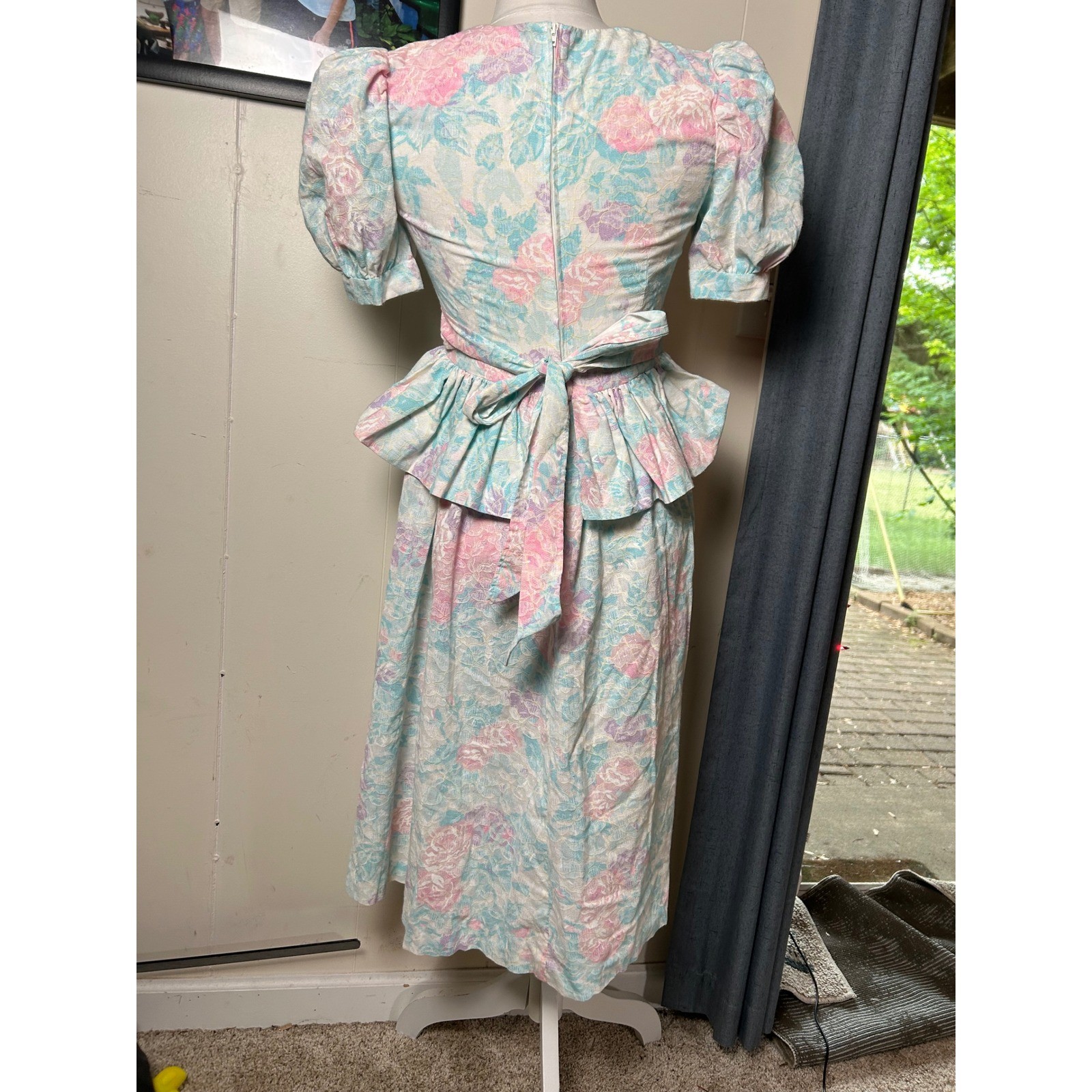 Vintage 80s Pastel Floral Peplum Midi Dress Cottagecore Tea Party Garden Prarie