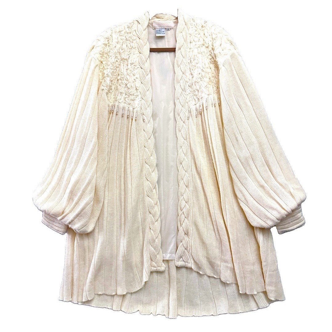 Vintage Maurada M Oversized Wool Cardigan Coat Pearl Lace Bishop Poet Rosette