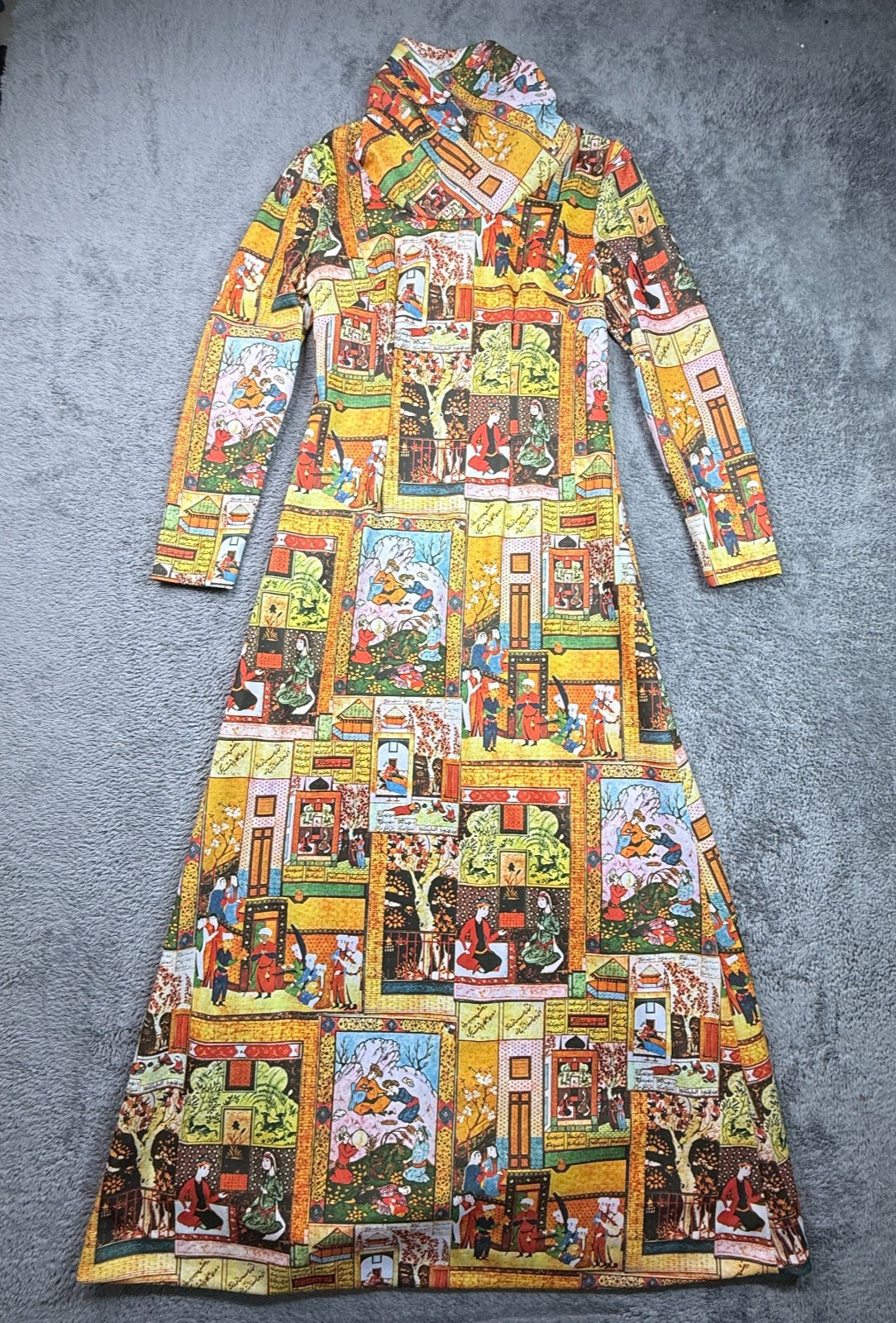 Vintage 70s Persian Miniature Print Button Up Top Women Long Sleeve Novelty S/M