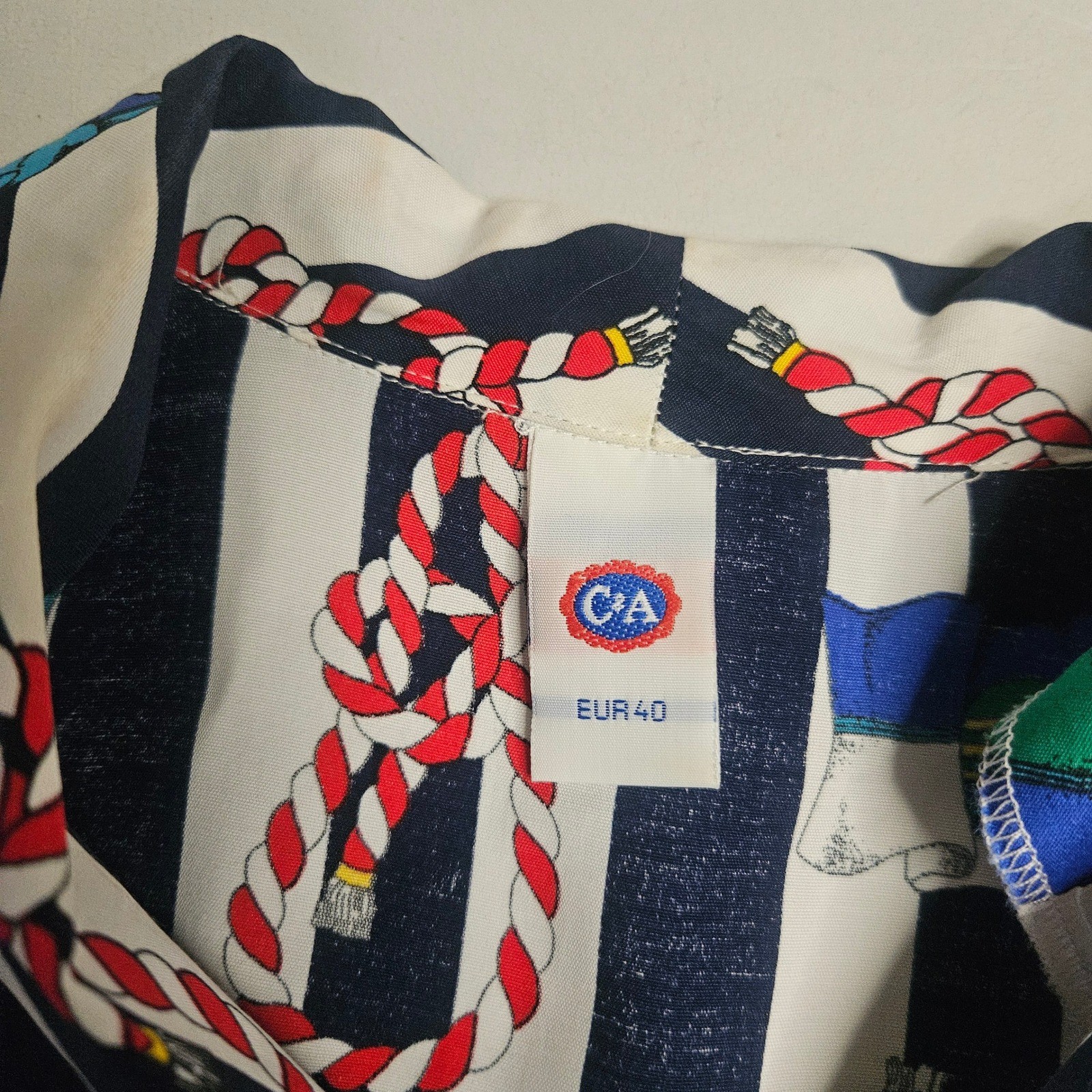 Vintage C&A Nautical Stripe Rope Flag Print Viscose Button Up Shirt Navy EUR 40