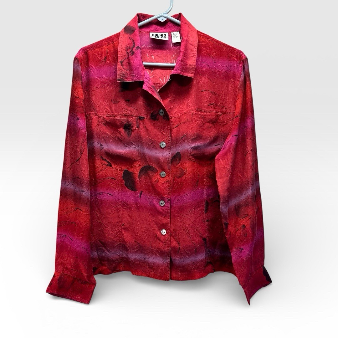 Chico’s Design Vtg 1990’s 100% Silk Red Ombre Watercolor Strip Wearable Art Sz L